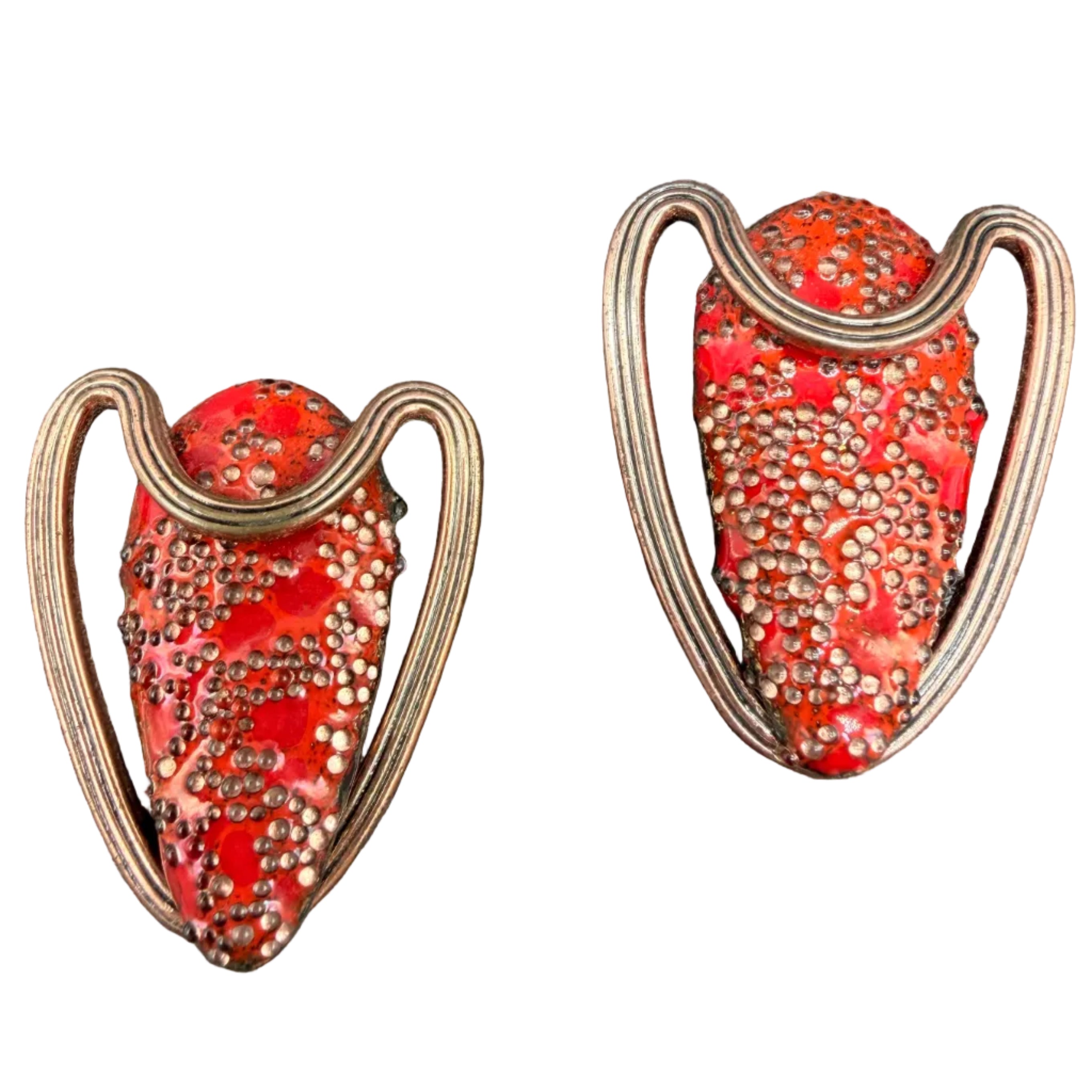 1950s Matisse Copper Mid-Century Modern Earrings with Red Enamel