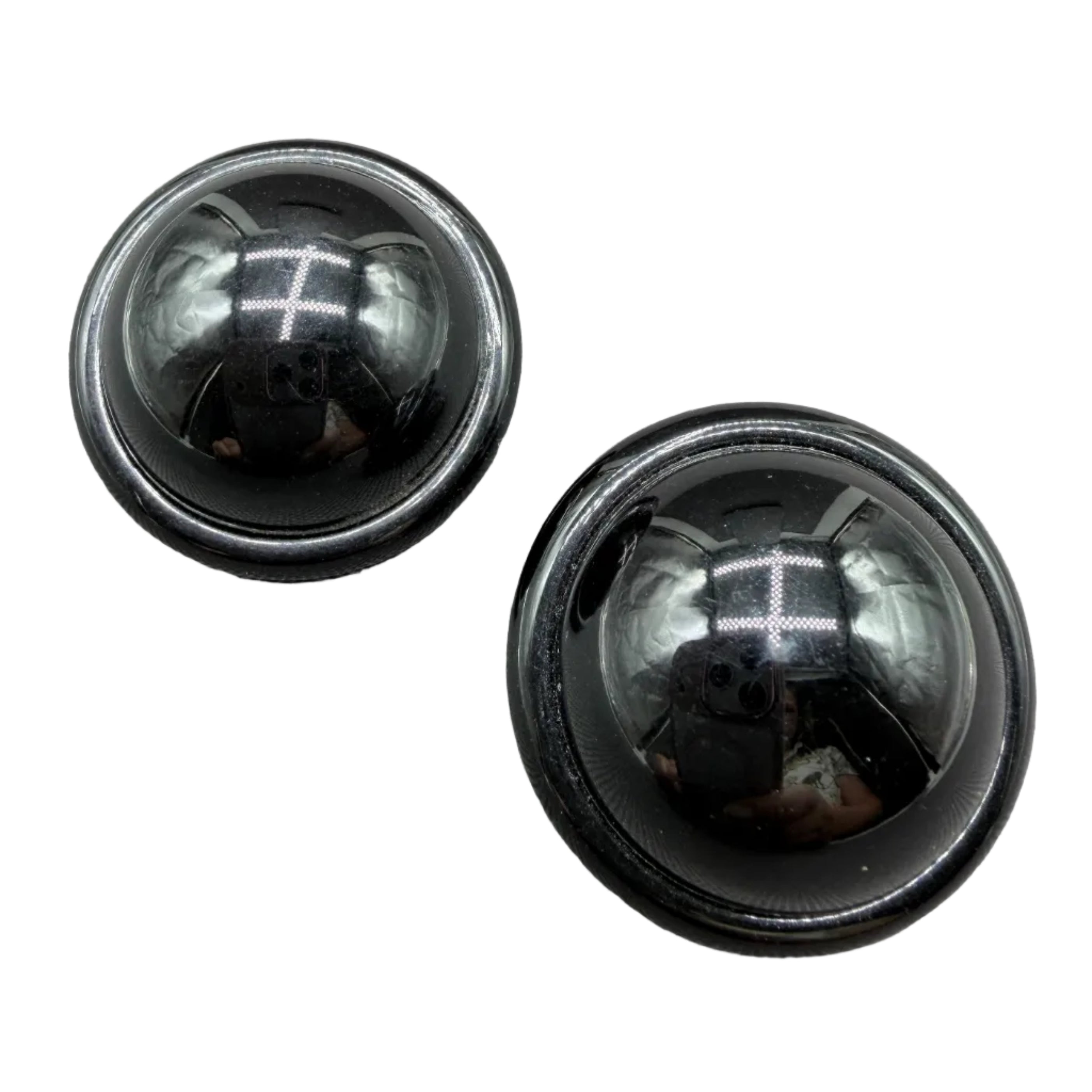 1970s Angela Caputi Black Lucite Disc Earrings with Black Cabochon Tops