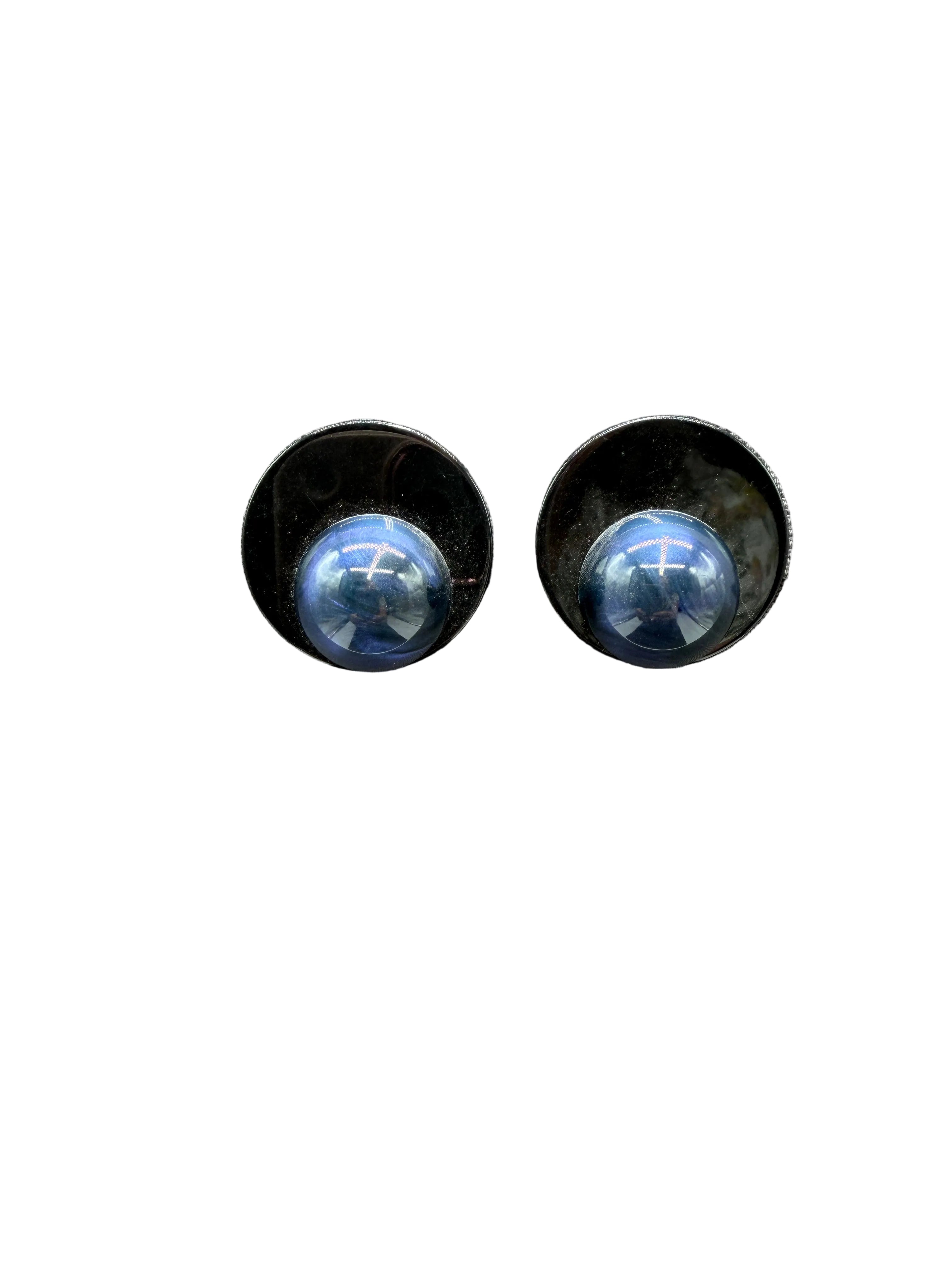 1970s Angela Caputi Black Lucite Disc Earrings with Blue Marbled Lucite Ball Tops