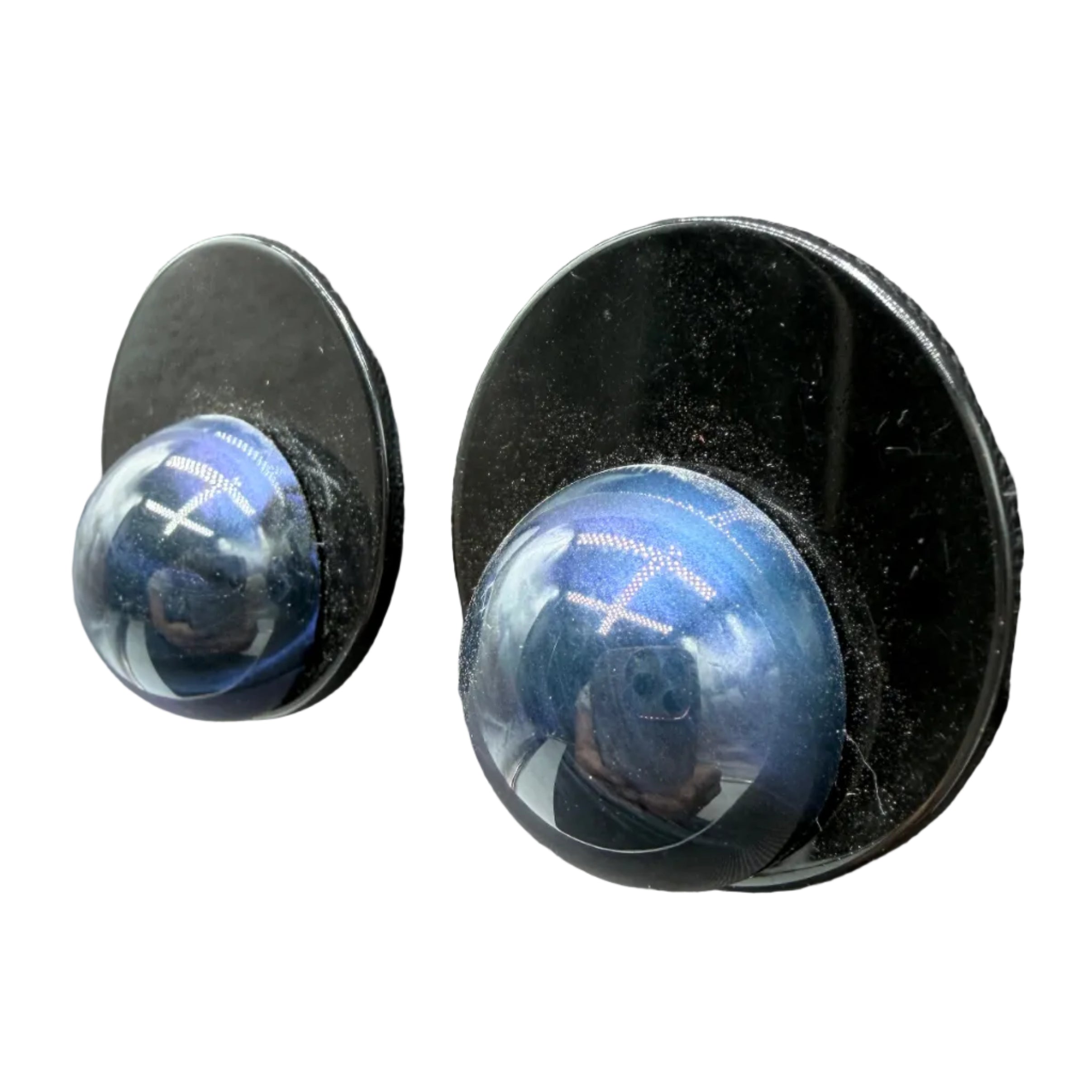 1970s Angela Caputi Black Lucite Disc Earrings with Blue Marbled Lucite Ball Tops