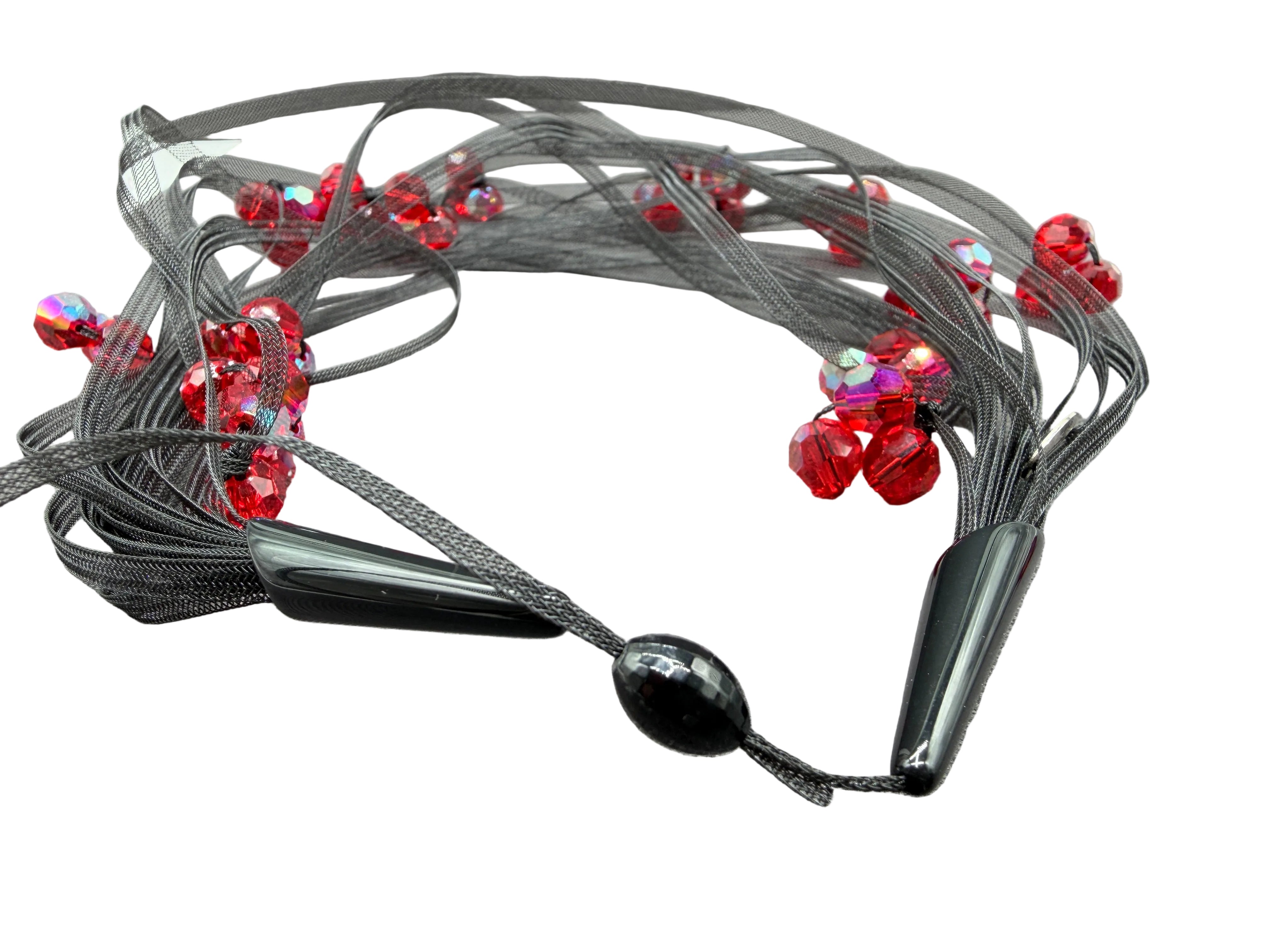 1980s Janete Zamboni Black Mesh 15-Strand Necklace with Red Faceted Swarovski Crystal Clusters