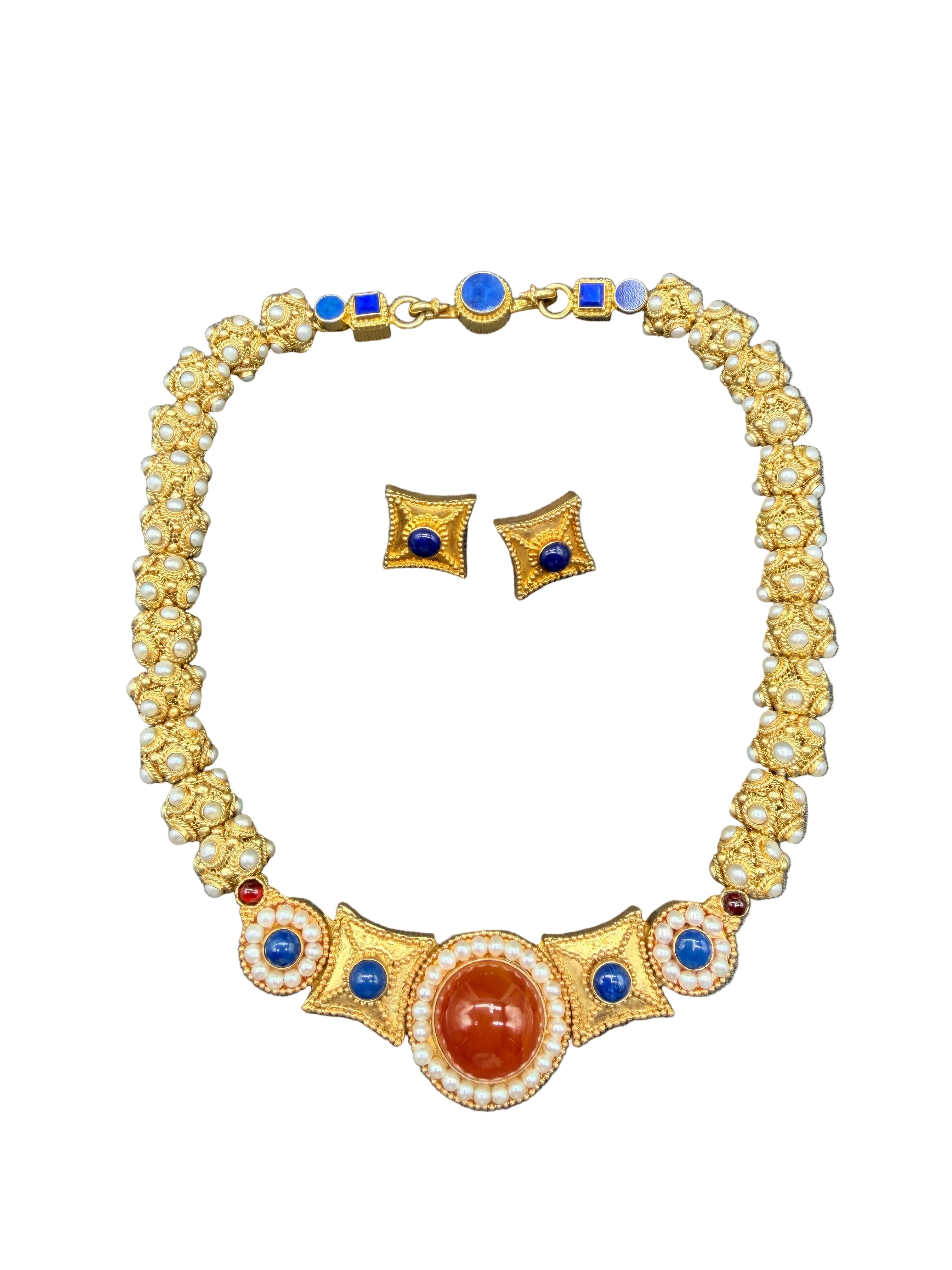 1980s MMANY 24K Gold-Plated "Princess Necklace Suite" Reproduction Necklace & Earring Set Inspired by the Sui Dynasty (581–617 AD) with Genuine Pearls, Lapis & Carnelian