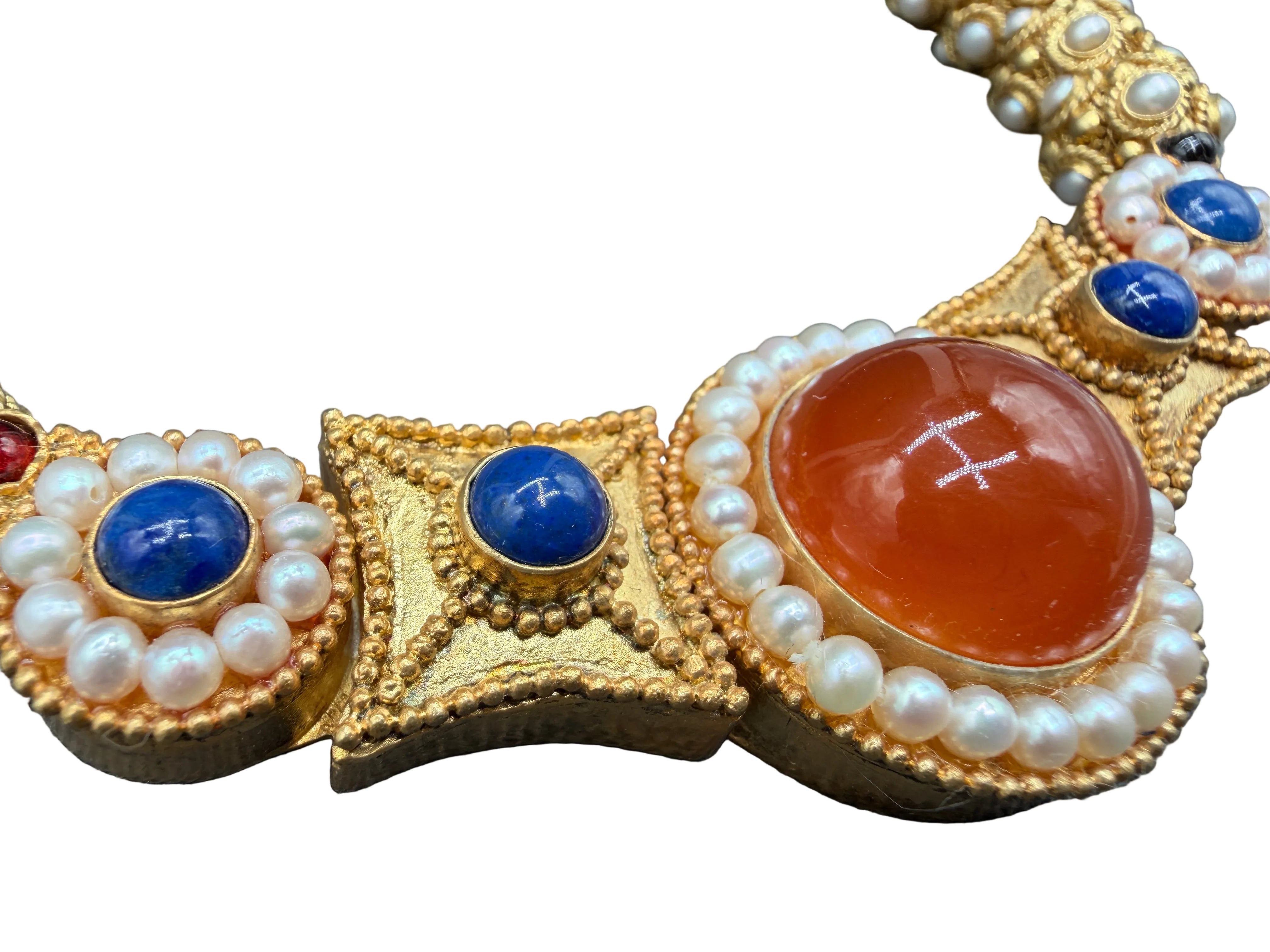 1980s MMANY 24K Gold-Plated "Princess Necklace Suite" Reproduction Necklace & Earring Set Inspired by the Sui Dynasty (581–617 AD) with Genuine Pearls, Lapis & Carnelian