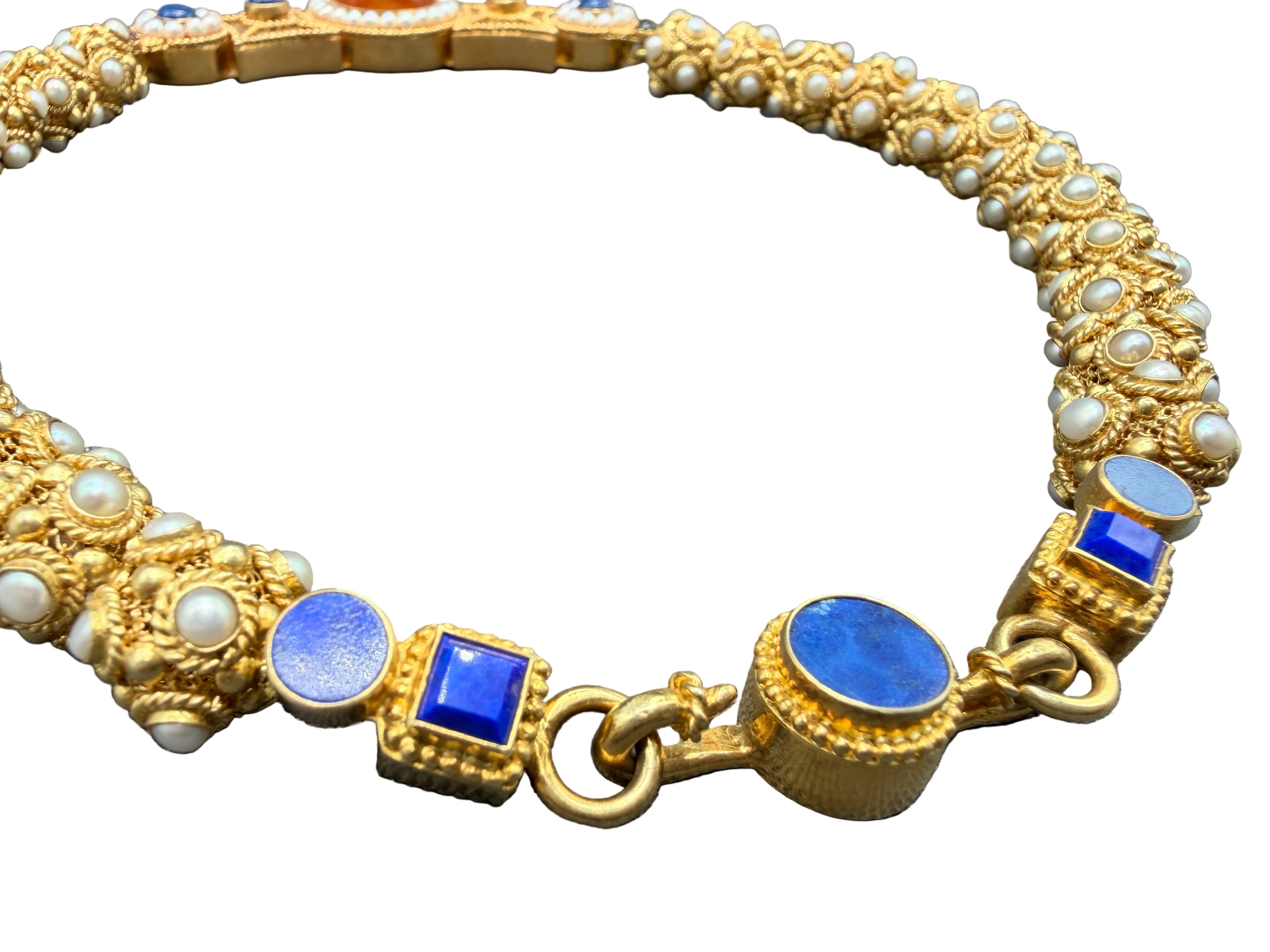 1980s MMANY 24K Gold-Plated "Princess Necklace Suite" Reproduction Necklace & Earring Set Inspired by the Sui Dynasty (581–617 AD) with Genuine Pearls, Lapis & Carnelian