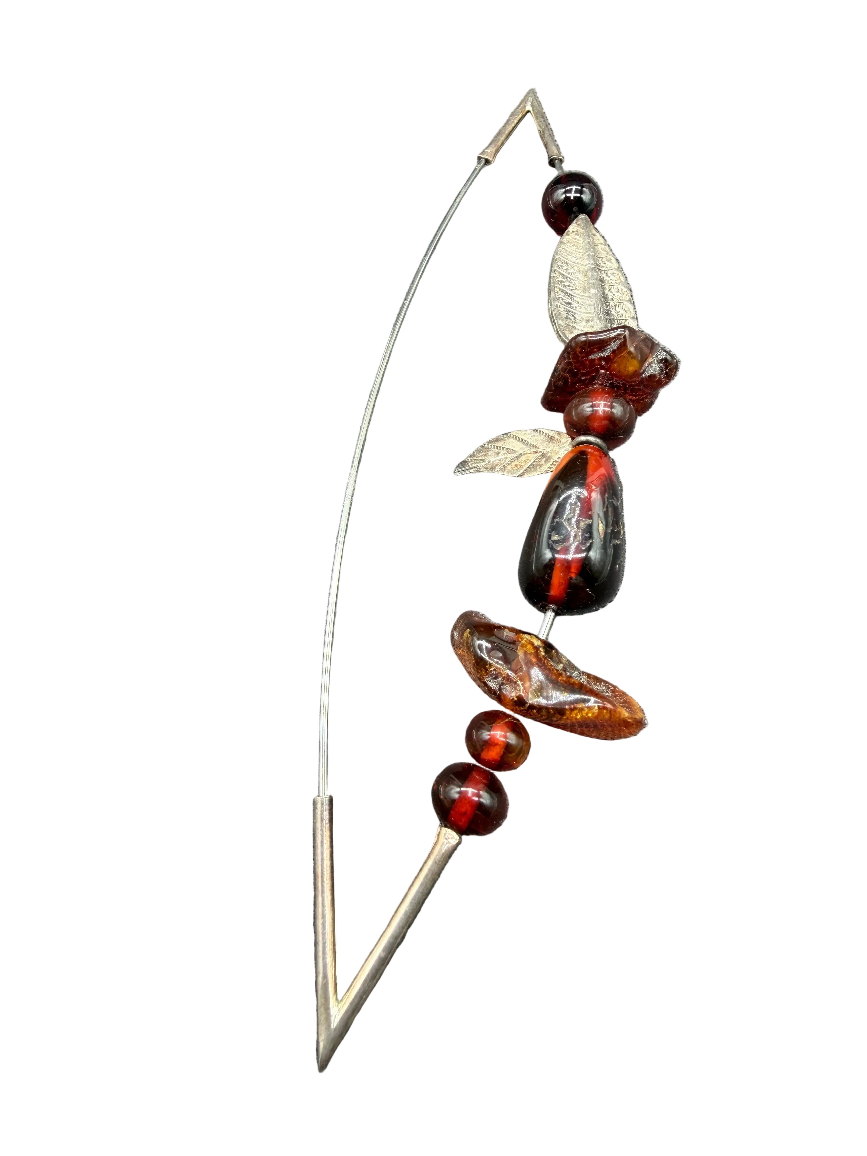 1970s Danish Artisan Sterling Silver & Amber Brooch with Carved Leaves