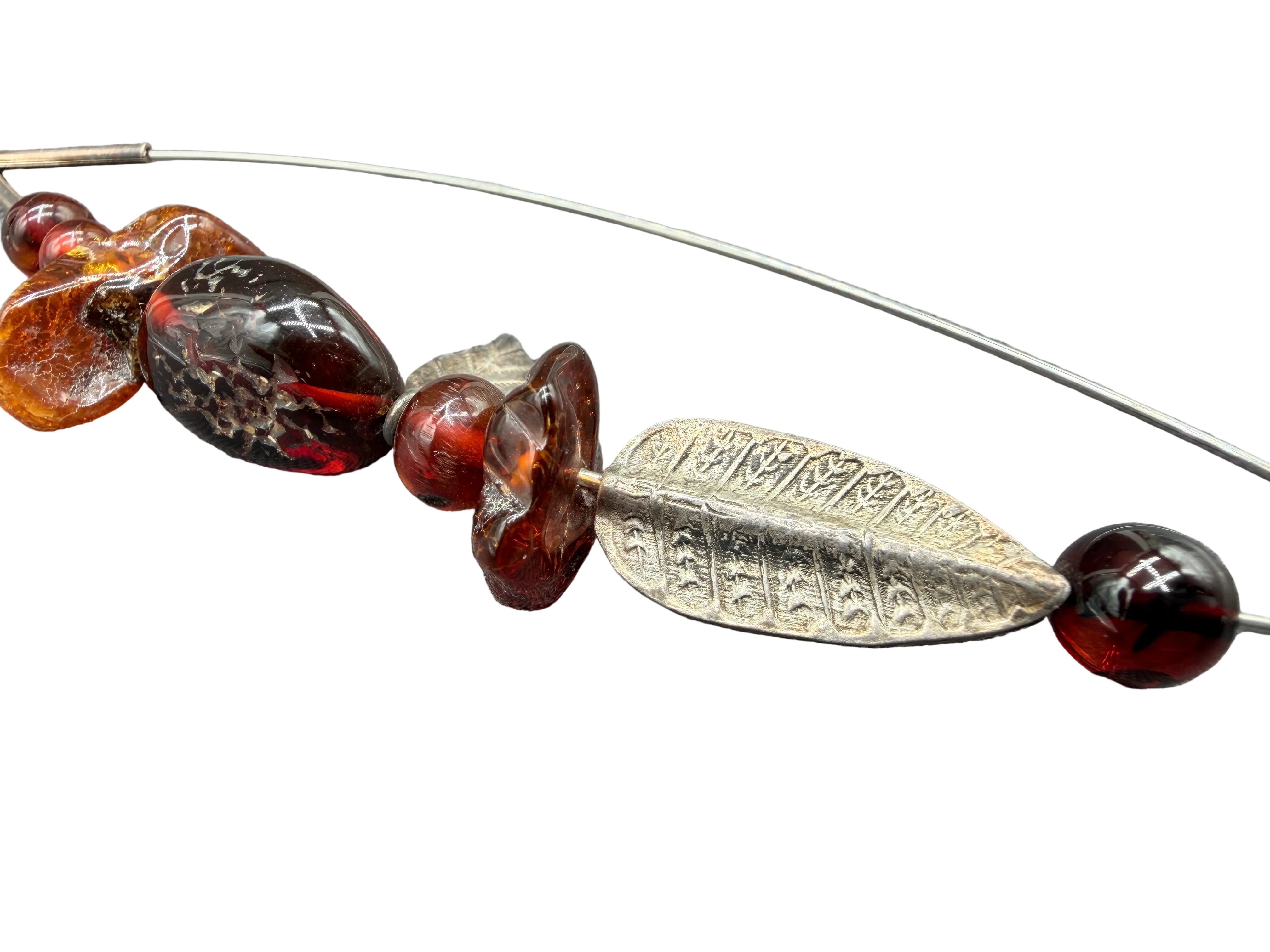 1970s Danish Artisan Sterling Silver & Amber Brooch with Carved Leaves
