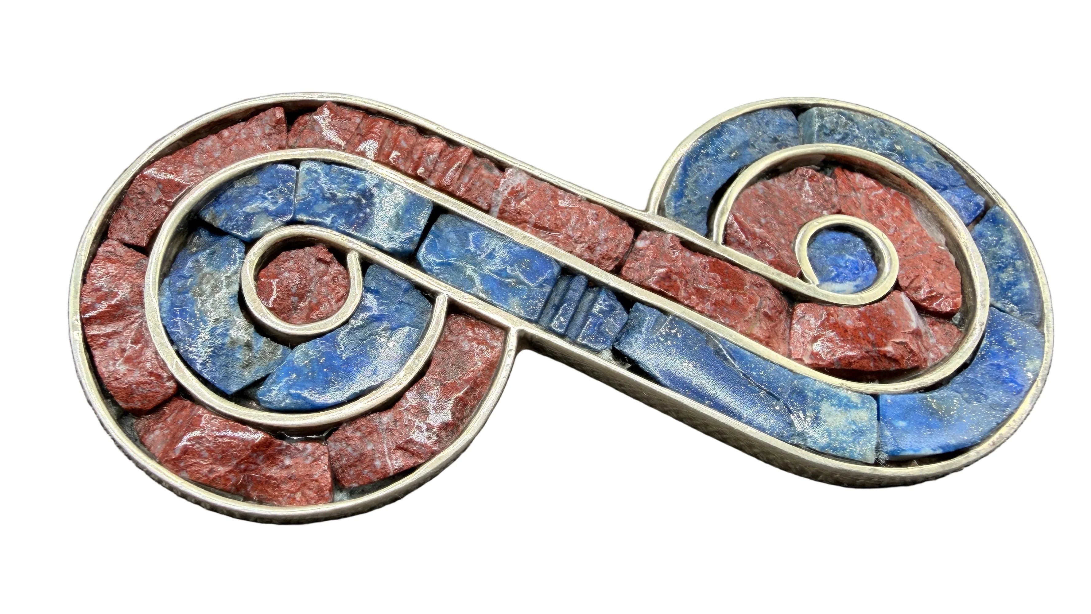 1980s Sterling Silver MMA Egyptian Revival Infinity Brooch with Lapis Lazuli & Jasper