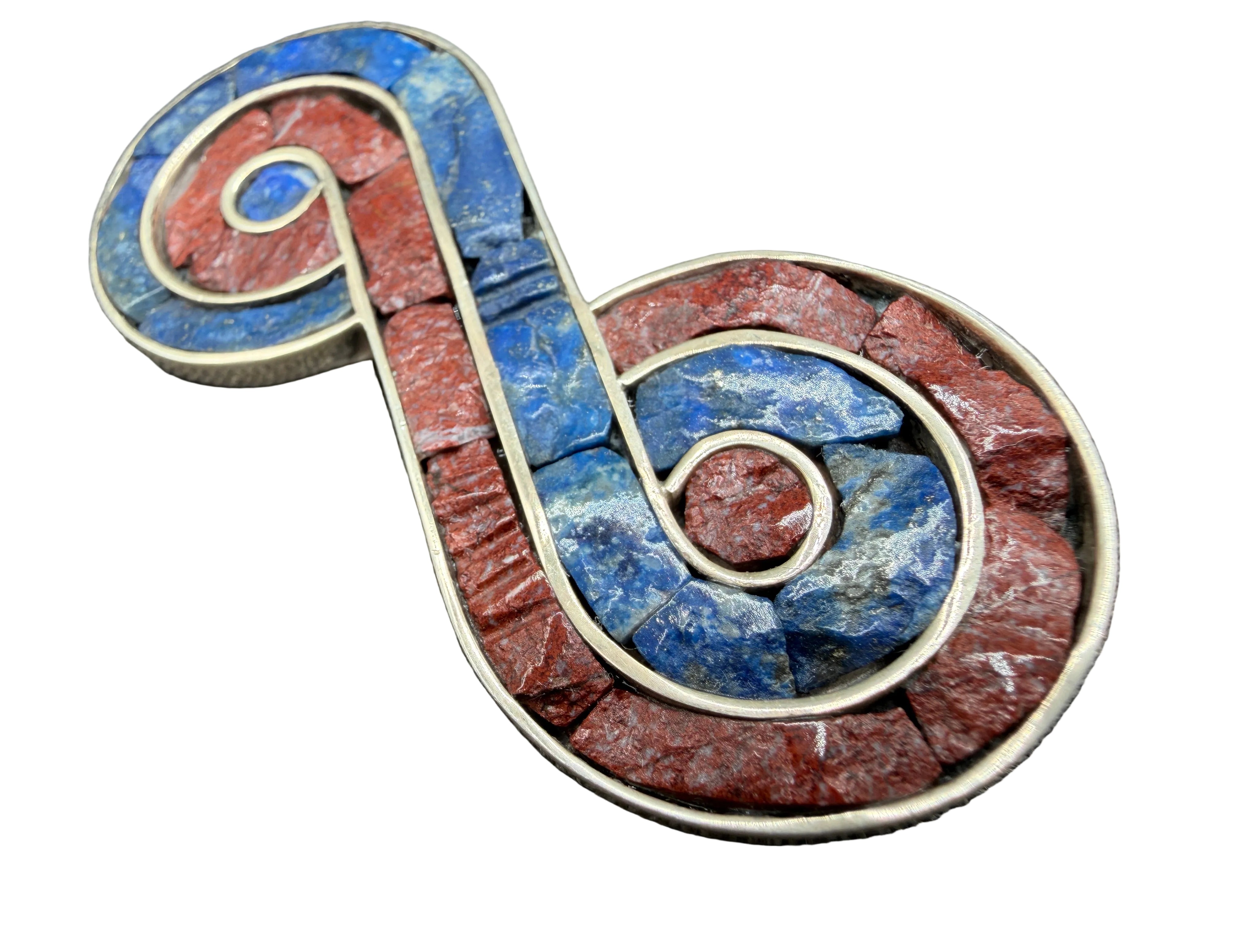 1980s Sterling Silver MMA Egyptian Revival Infinity Brooch with Lapis Lazuli & Jasper