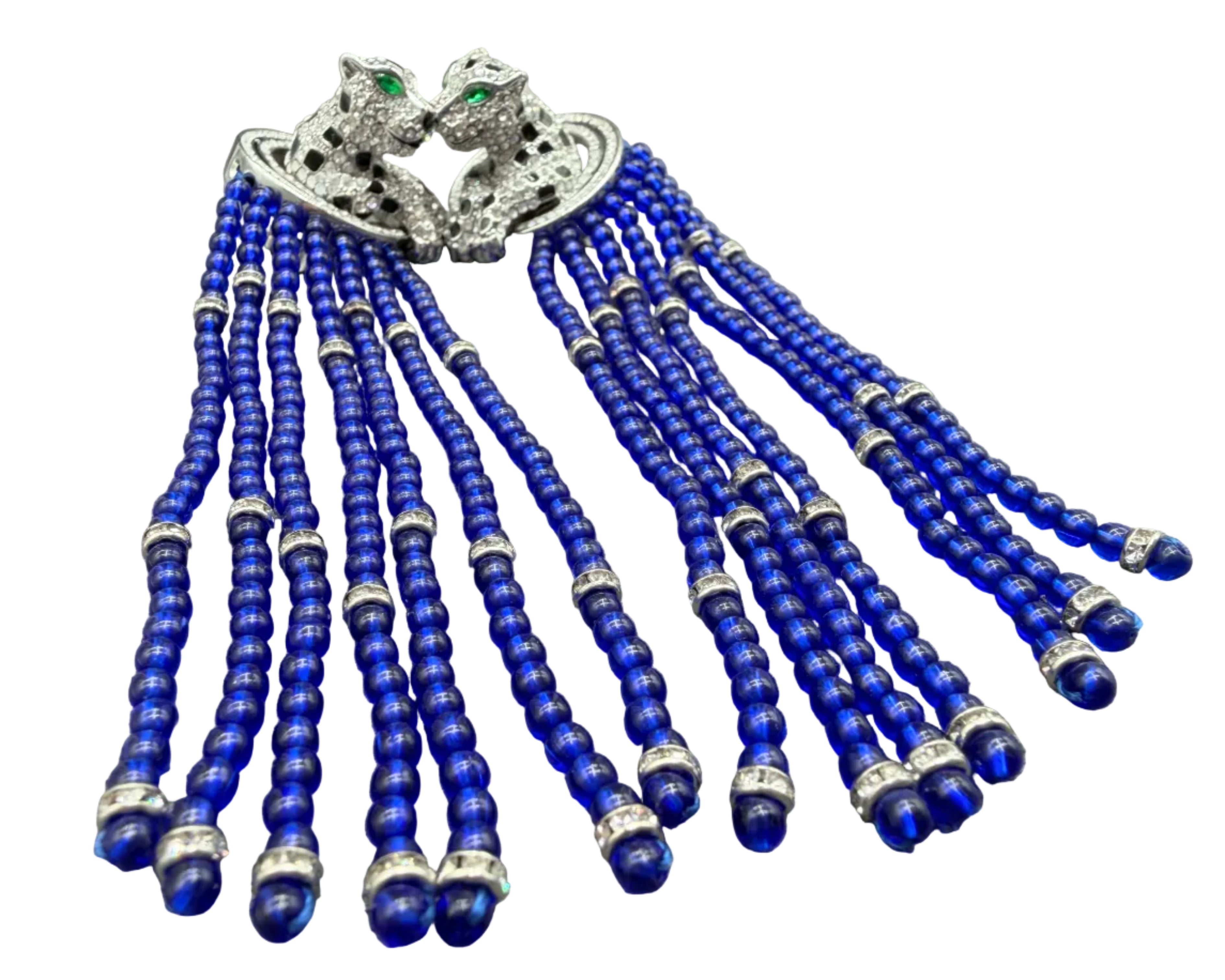 Catwalk Jon Statement Silver-Tone 3D Pavé Swarovski Crystal Cheetah Earrings with Cobalt Blue Glass Tassels