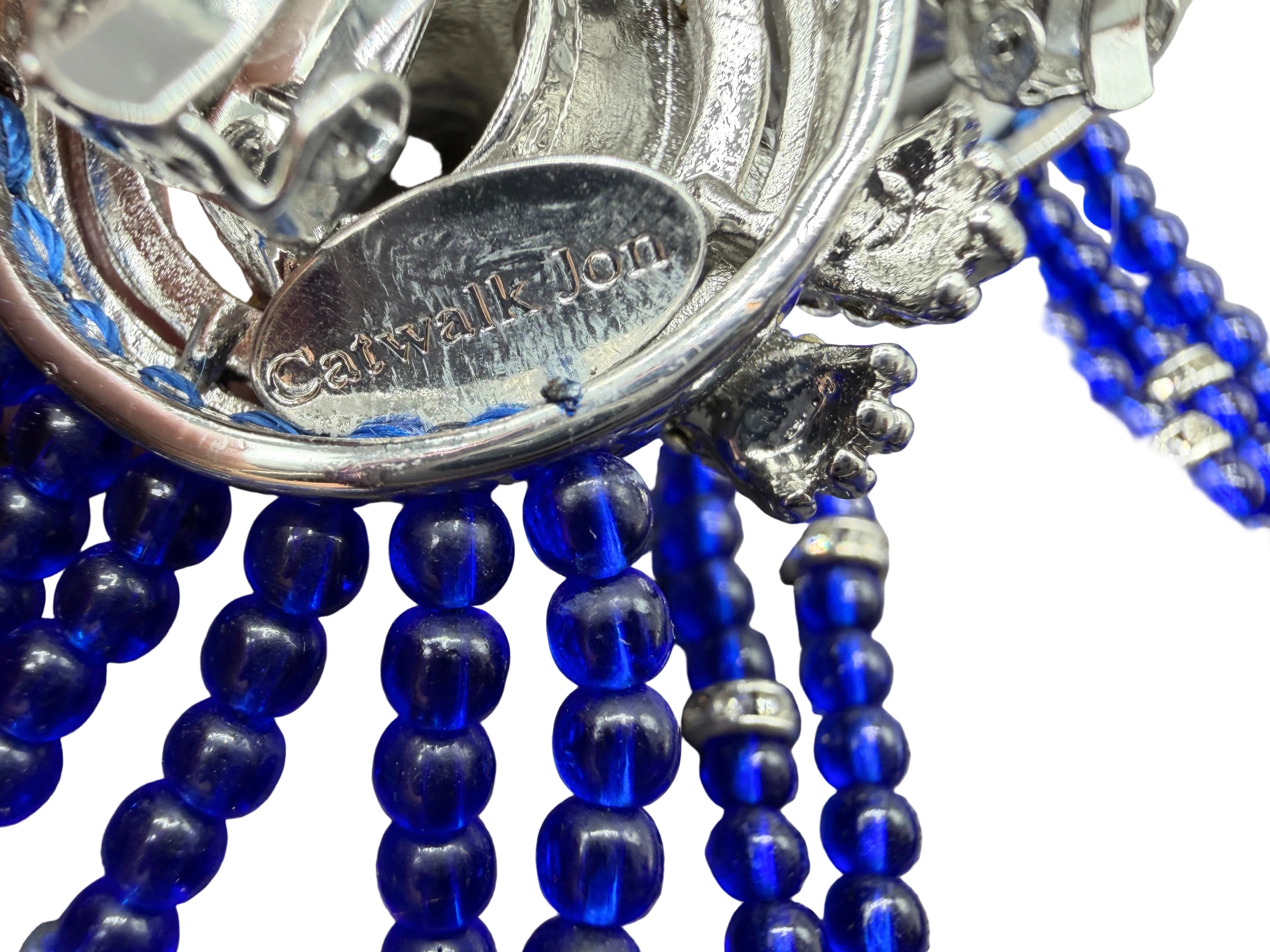 Catwalk Jon Statement Silver-Tone 3D Pavé Swarovski Crystal Cheetah Earrings with Cobalt Blue Glass Tassels