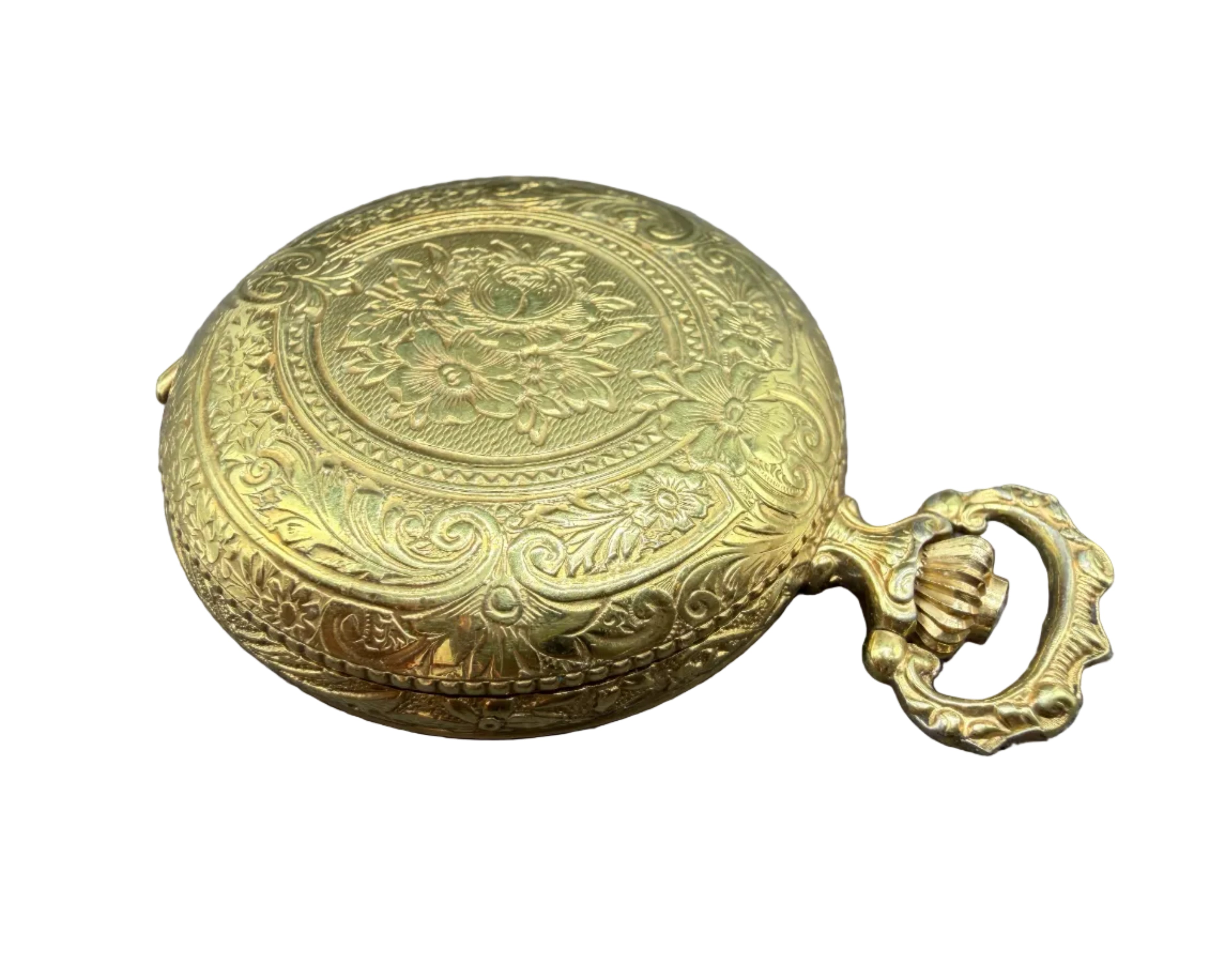 1950s CIRO Gold-Tone Etched Pocket Watch Charm (Working)