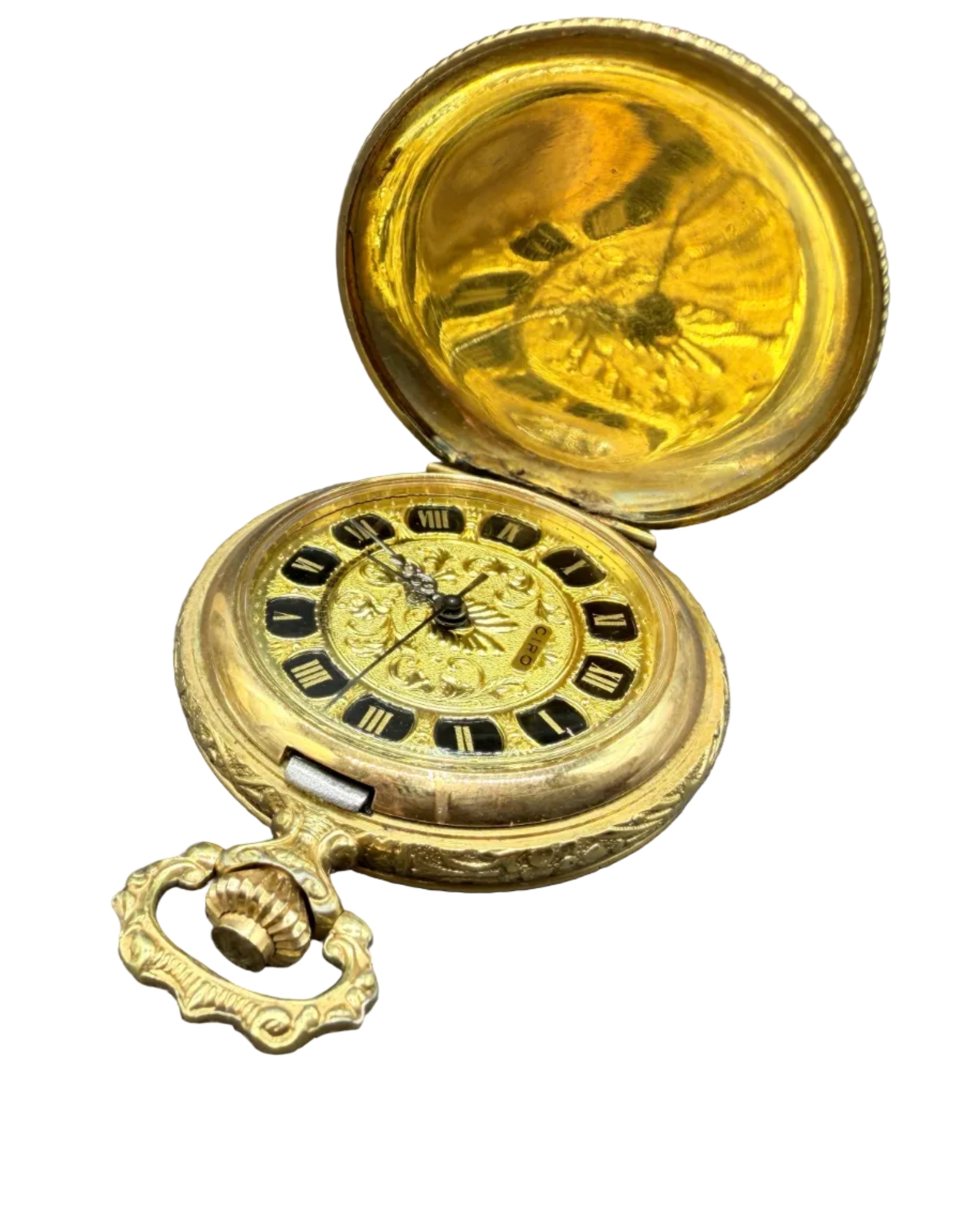 1950s CIRO Gold-Tone Etched Pocket Watch Charm (Working)