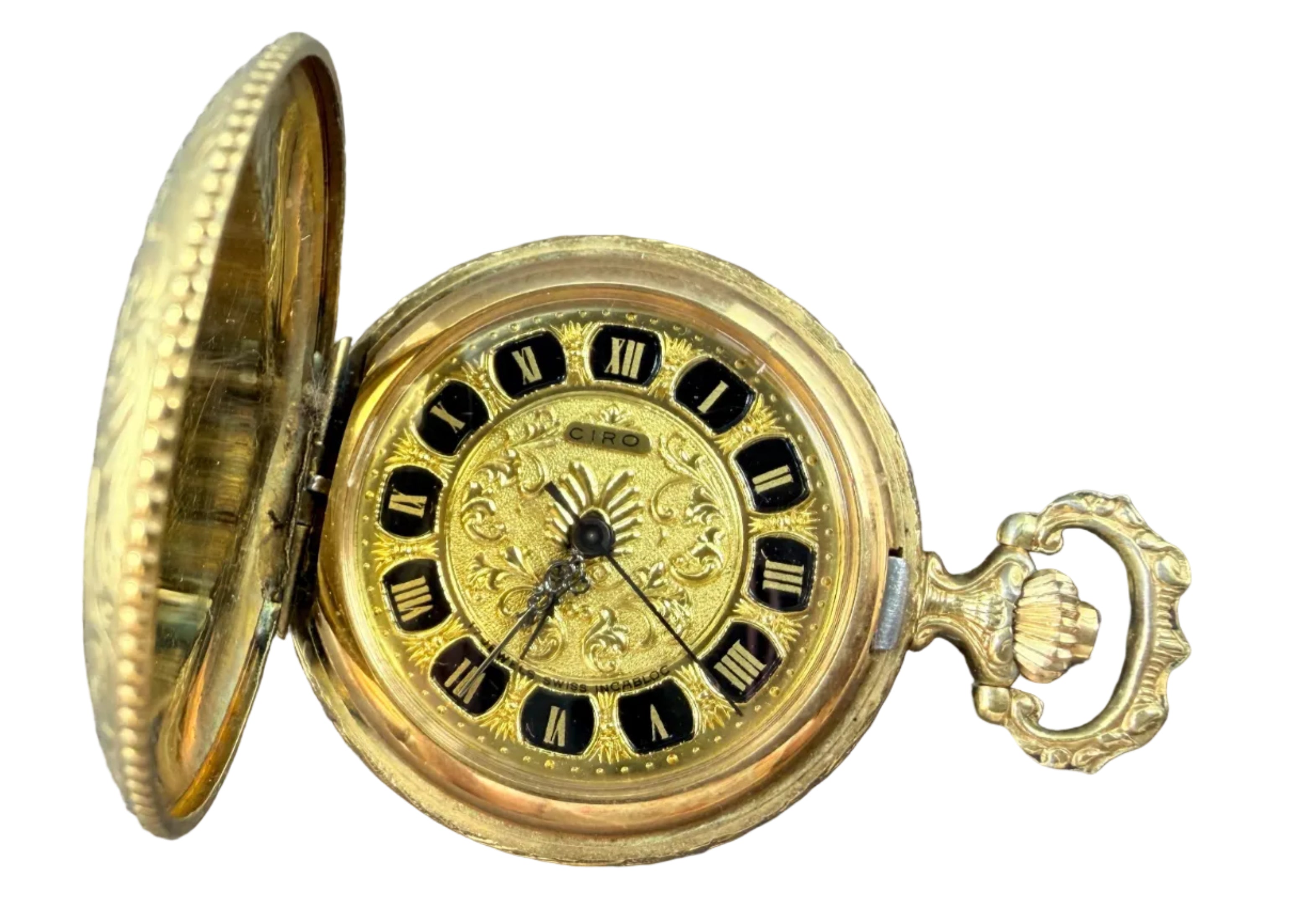 1950s CIRO Gold-Tone Etched Pocket Watch Charm (Working)