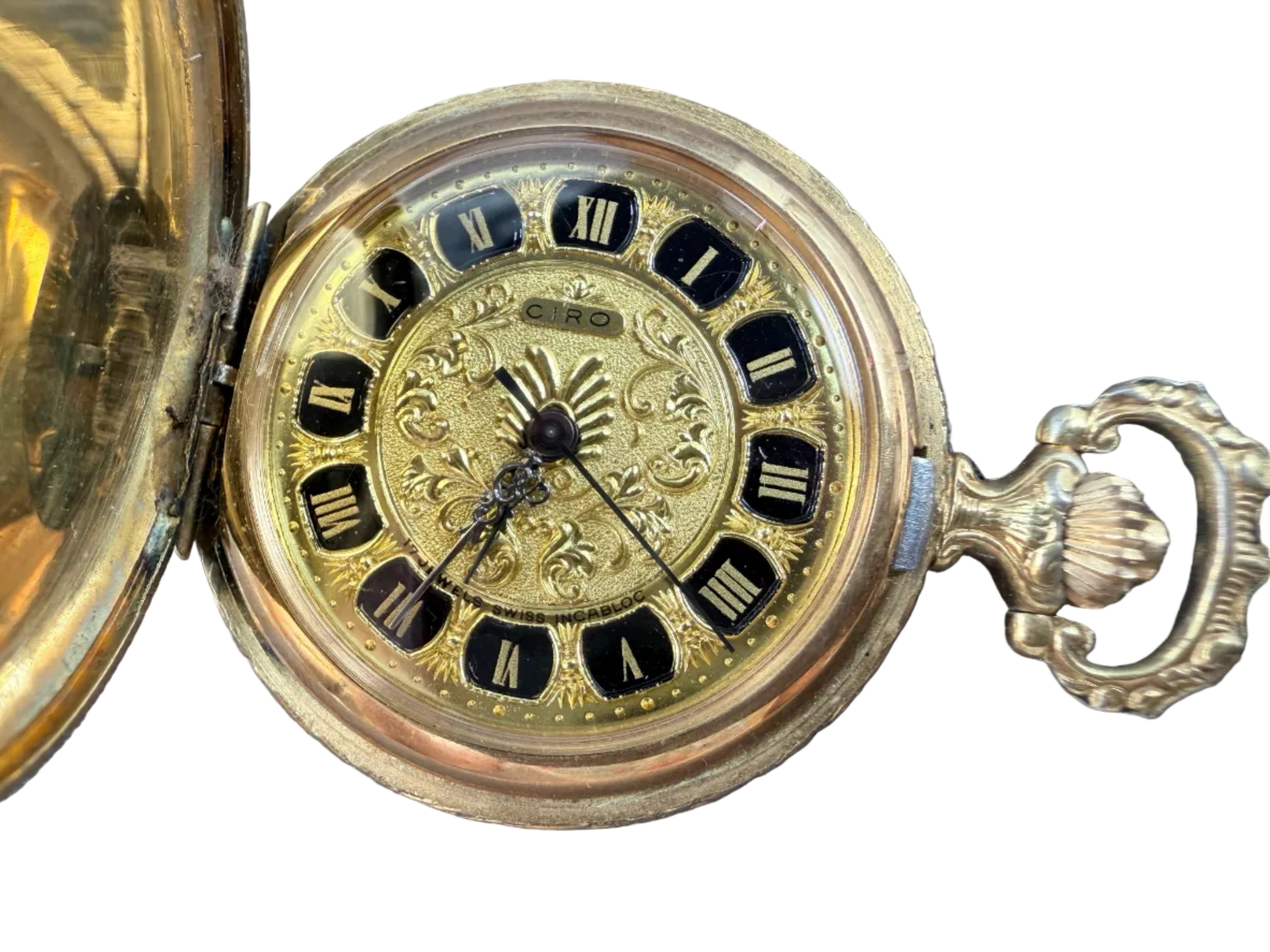 1950s CIRO Gold-Tone Etched Pocket Watch Charm (Working)