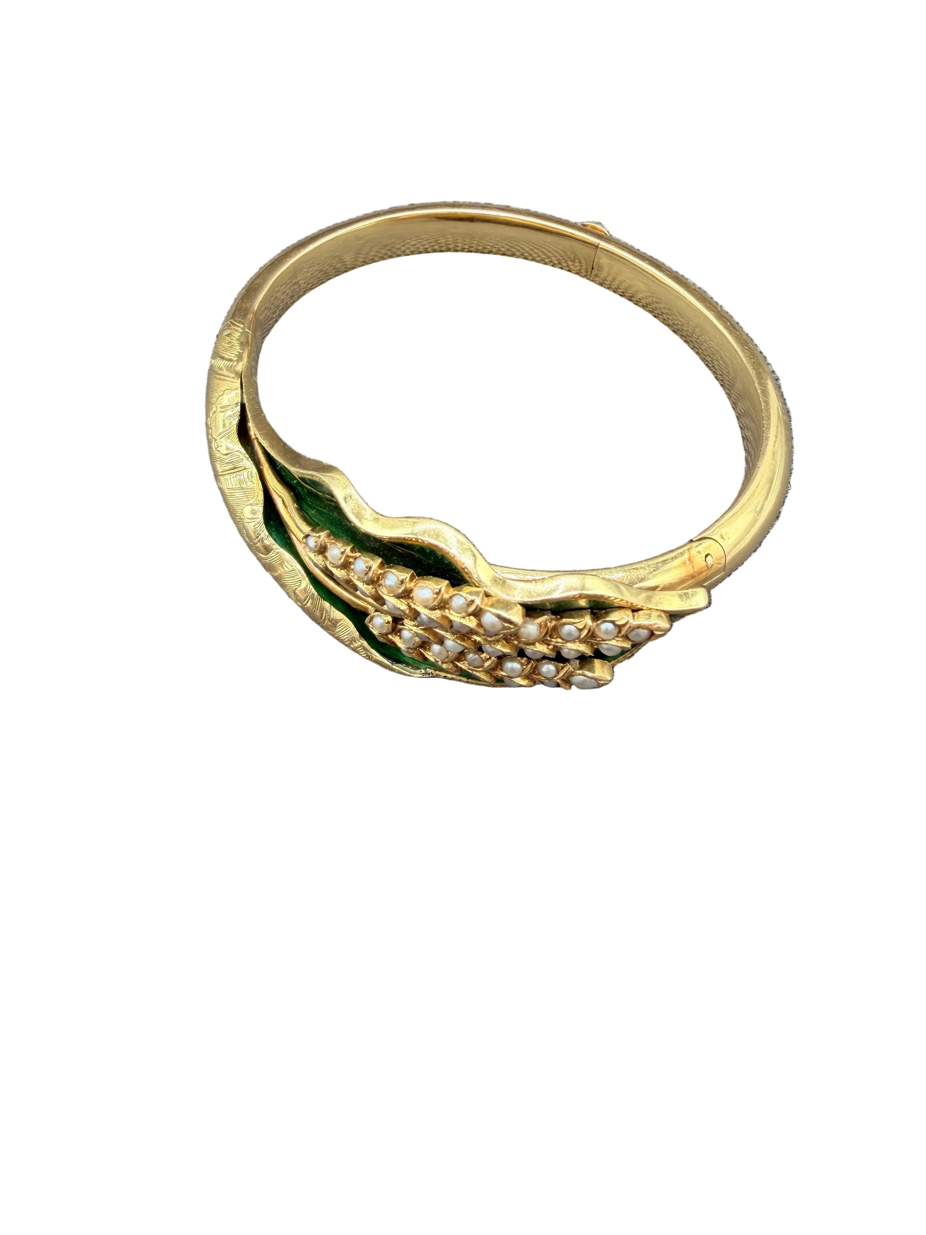Victorian 14K Gold Hinged Bracelet with Green Guilloché Enamel Leaf, Seed Pearls & Wheat Motif