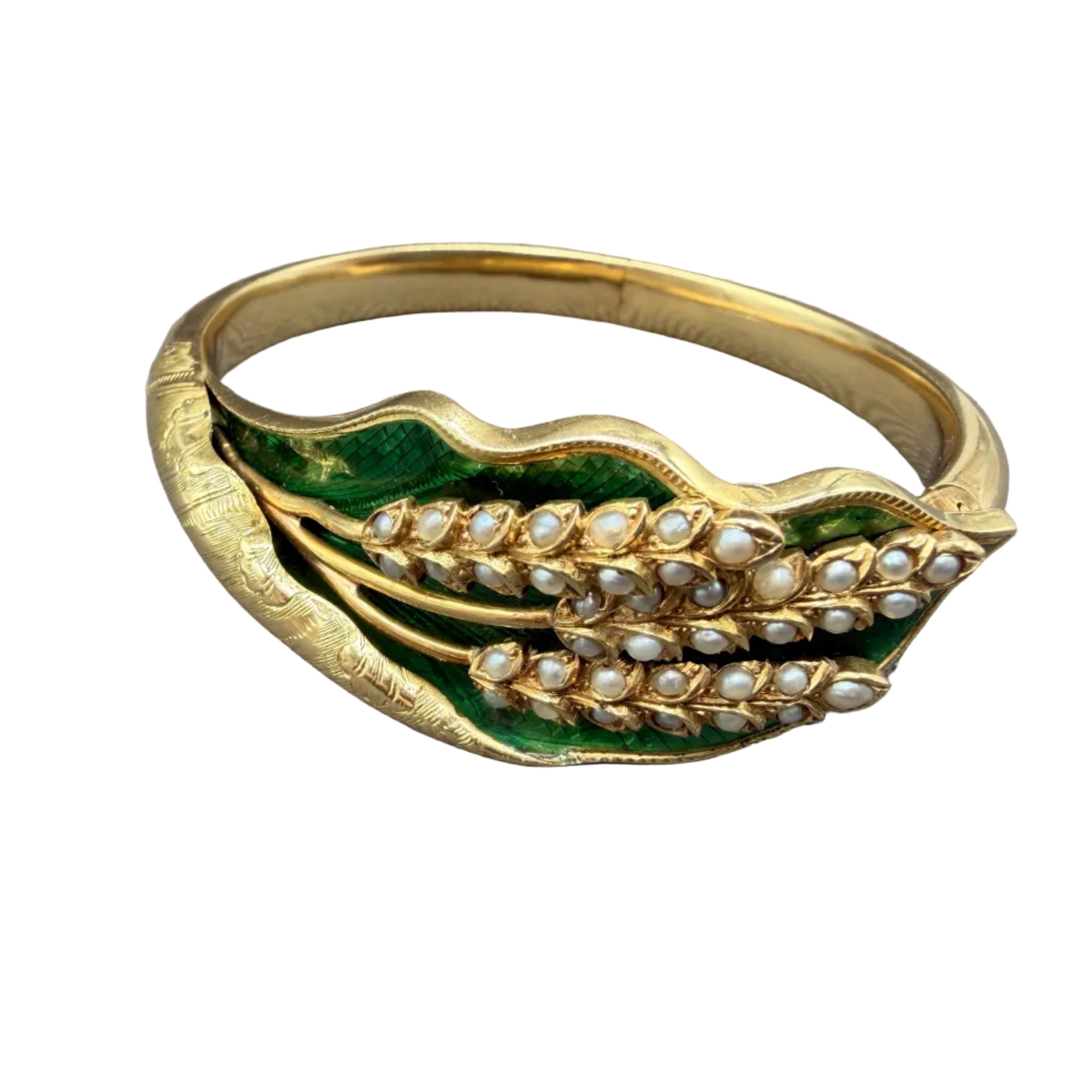 Victorian 14K Gold Hinged Bracelet with Green Guilloché Enamel Leaf, Seed Pearls & Wheat Motif