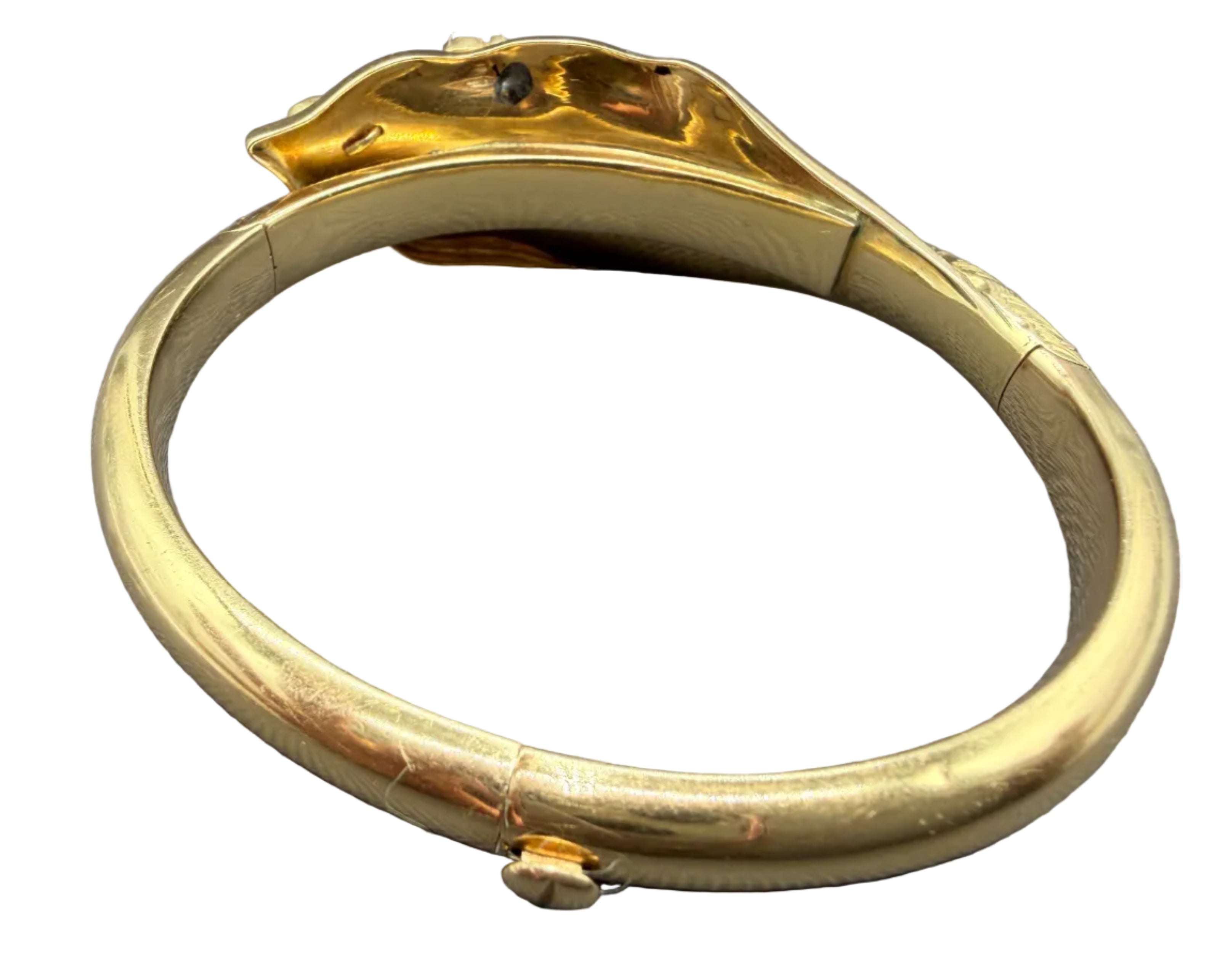 Victorian 14K Gold Hinged Bracelet with Green Guilloché Enamel Leaf, Seed Pearls & Wheat Motif