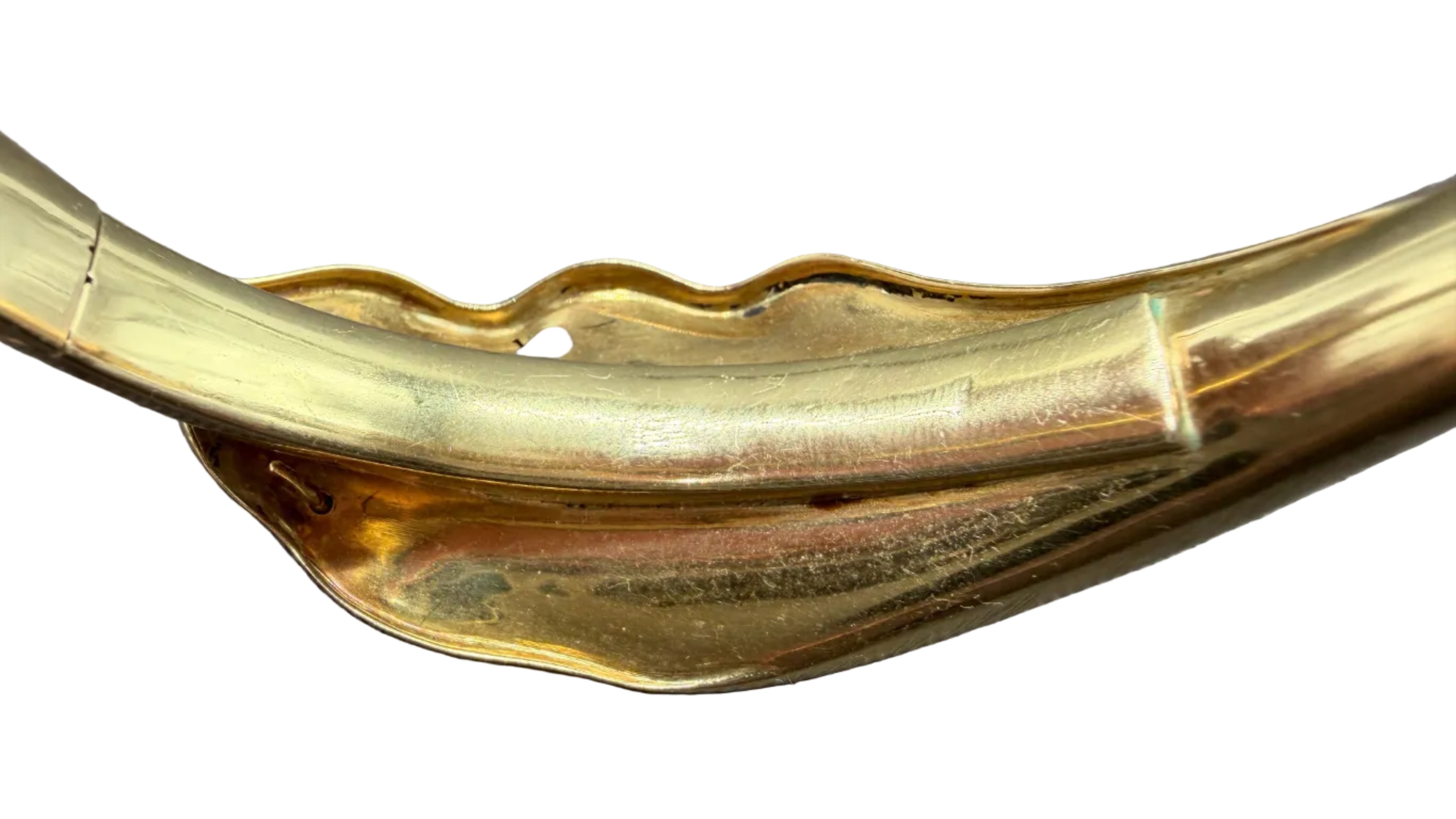 Victorian 14K Gold Hinged Bracelet with Green Guilloché Enamel Leaf, Seed Pearls & Wheat Motif