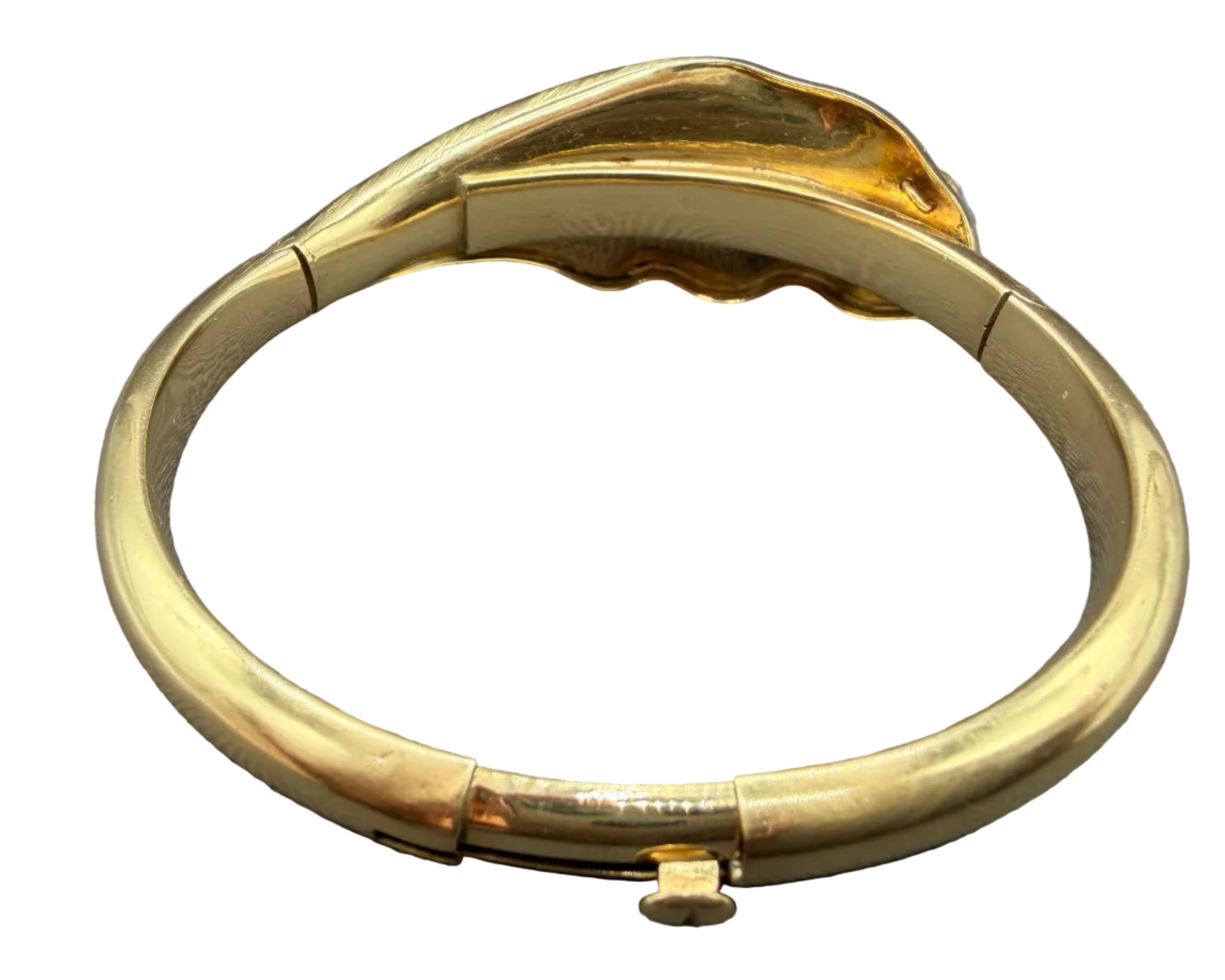 Victorian 14K Gold Hinged Bracelet with Green Guilloché Enamel Leaf, Seed Pearls & Wheat Motif