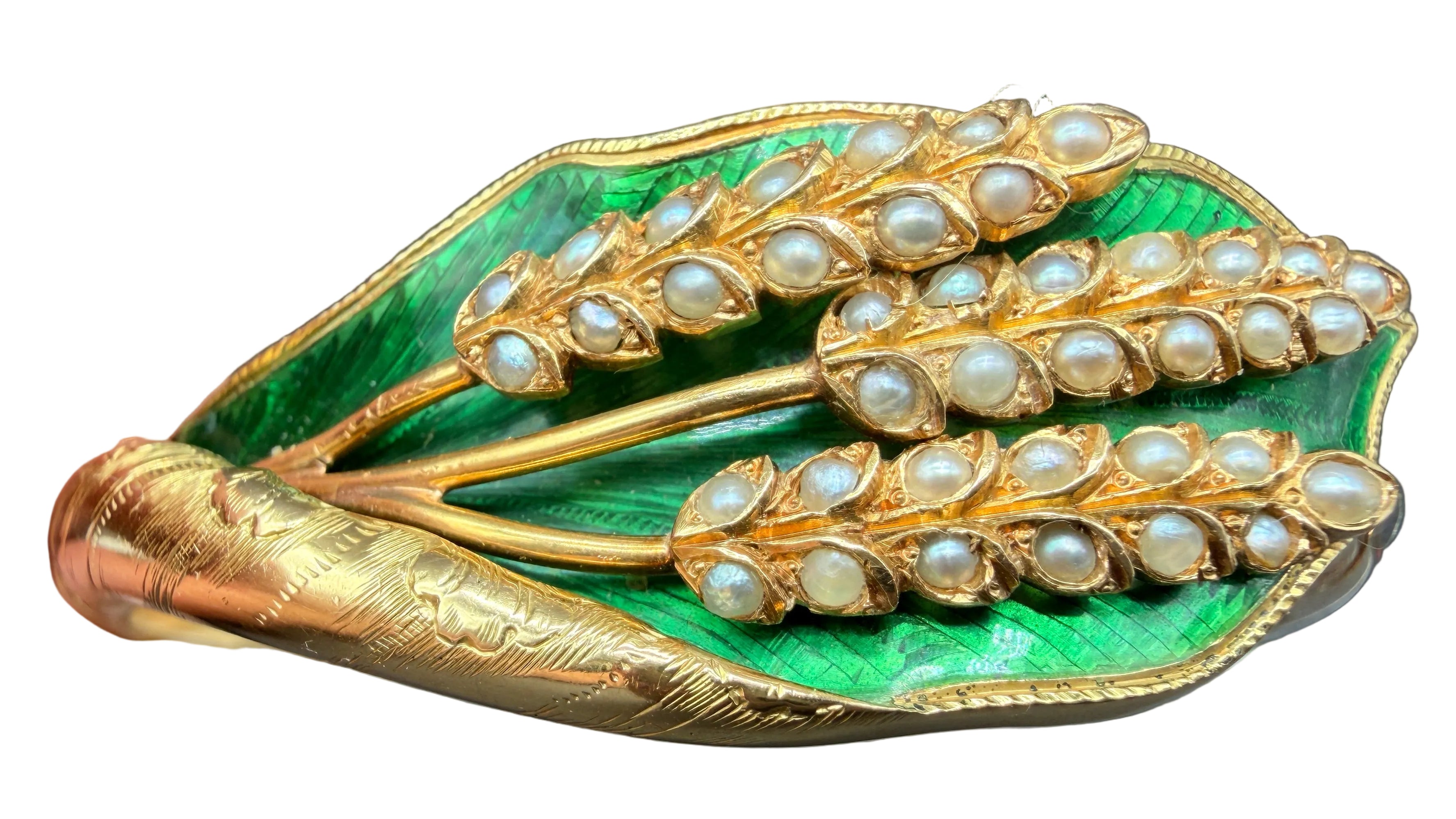 Victorian 14K Gold Hinged Bracelet with Green Guilloché Enamel Leaf, Seed Pearls & Wheat Motif