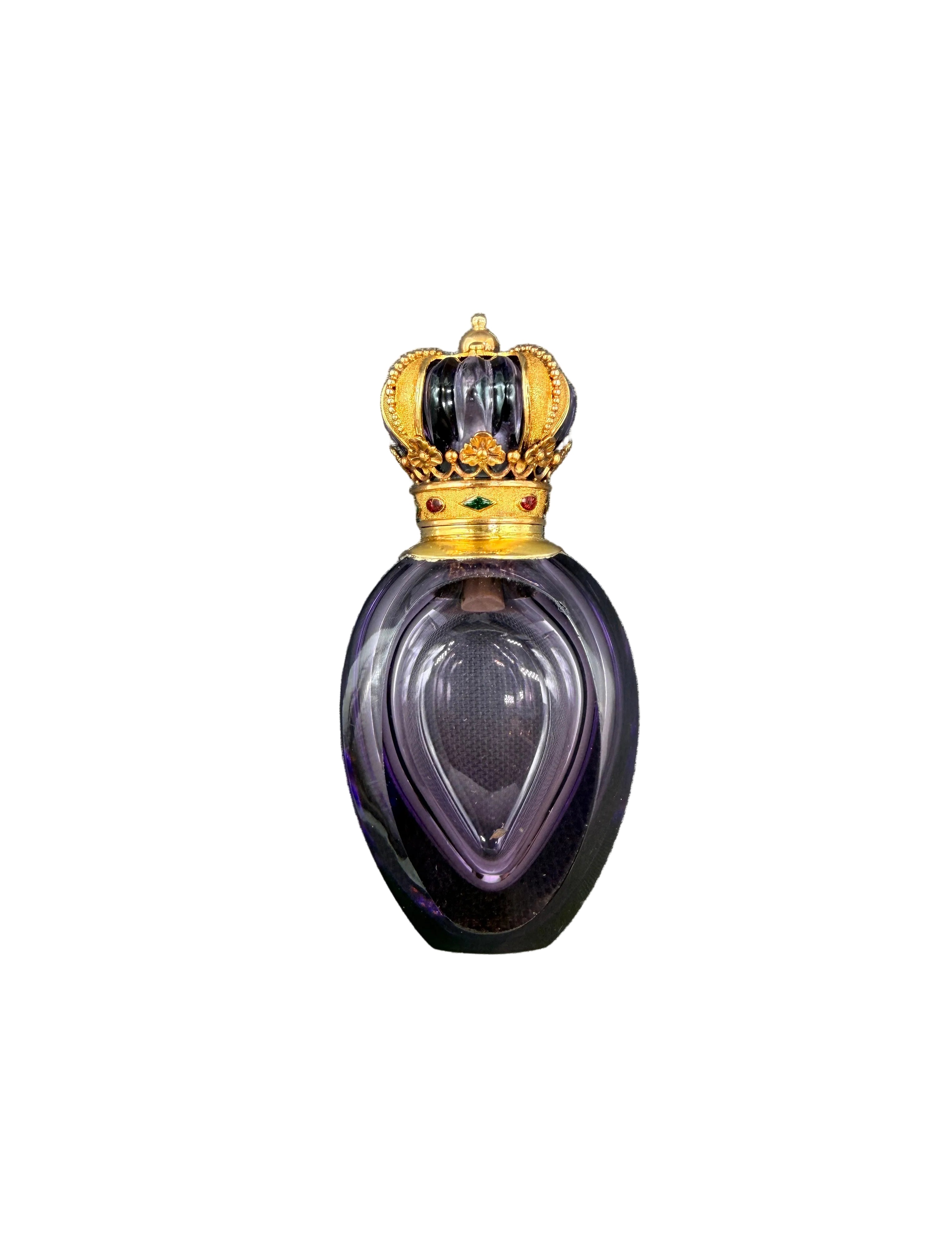 Rare c.1890–1925 Continental 14K Gold-Mounted Faceted Amethyst Glass & Cut Crystal Scent Bottle with Guilloché detail Crown Stopper