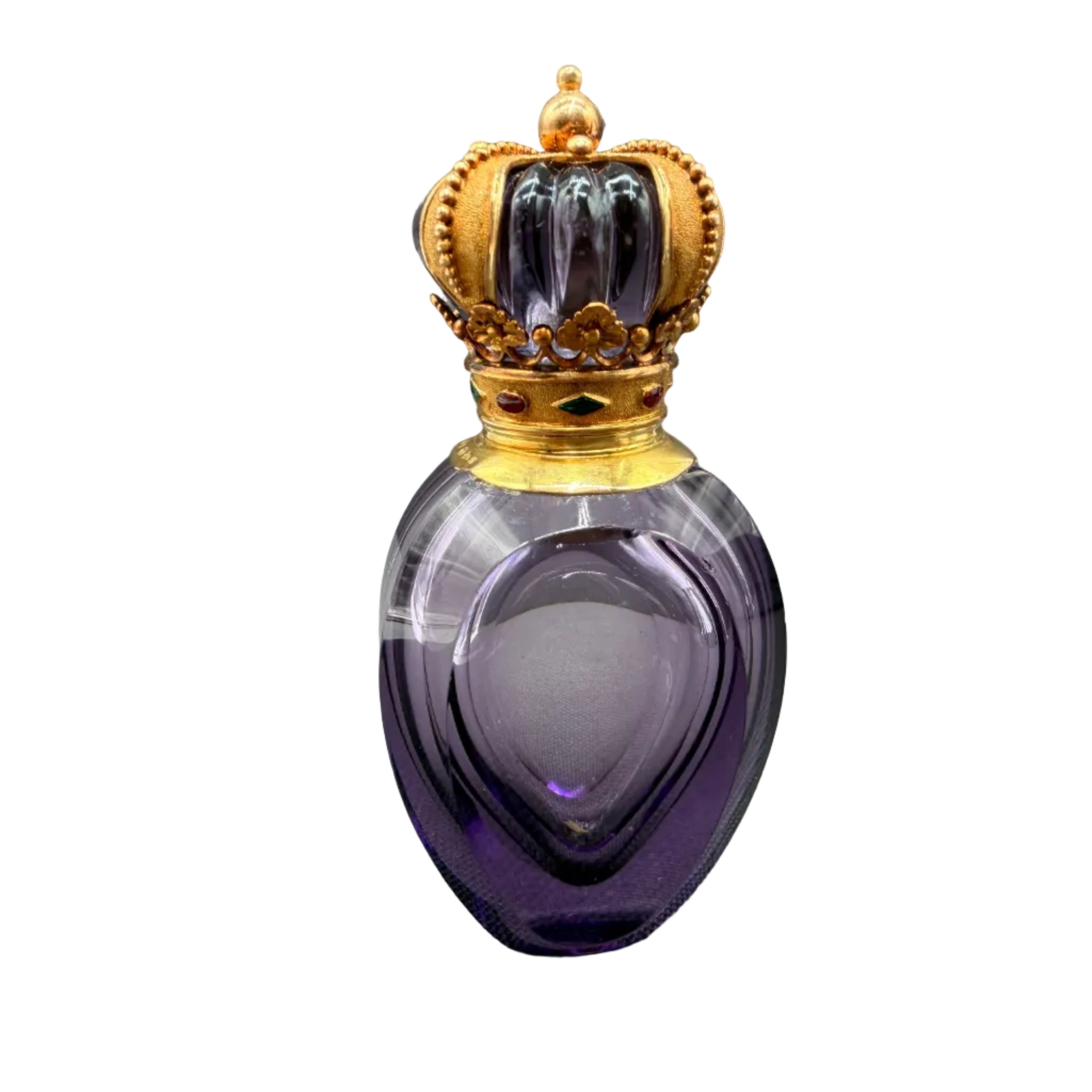Rare c.1890–1925 Continental 14K Gold-Mounted Faceted Amethyst Glass & Cut Crystal Scent Bottle with Guilloché detail Crown Stopper