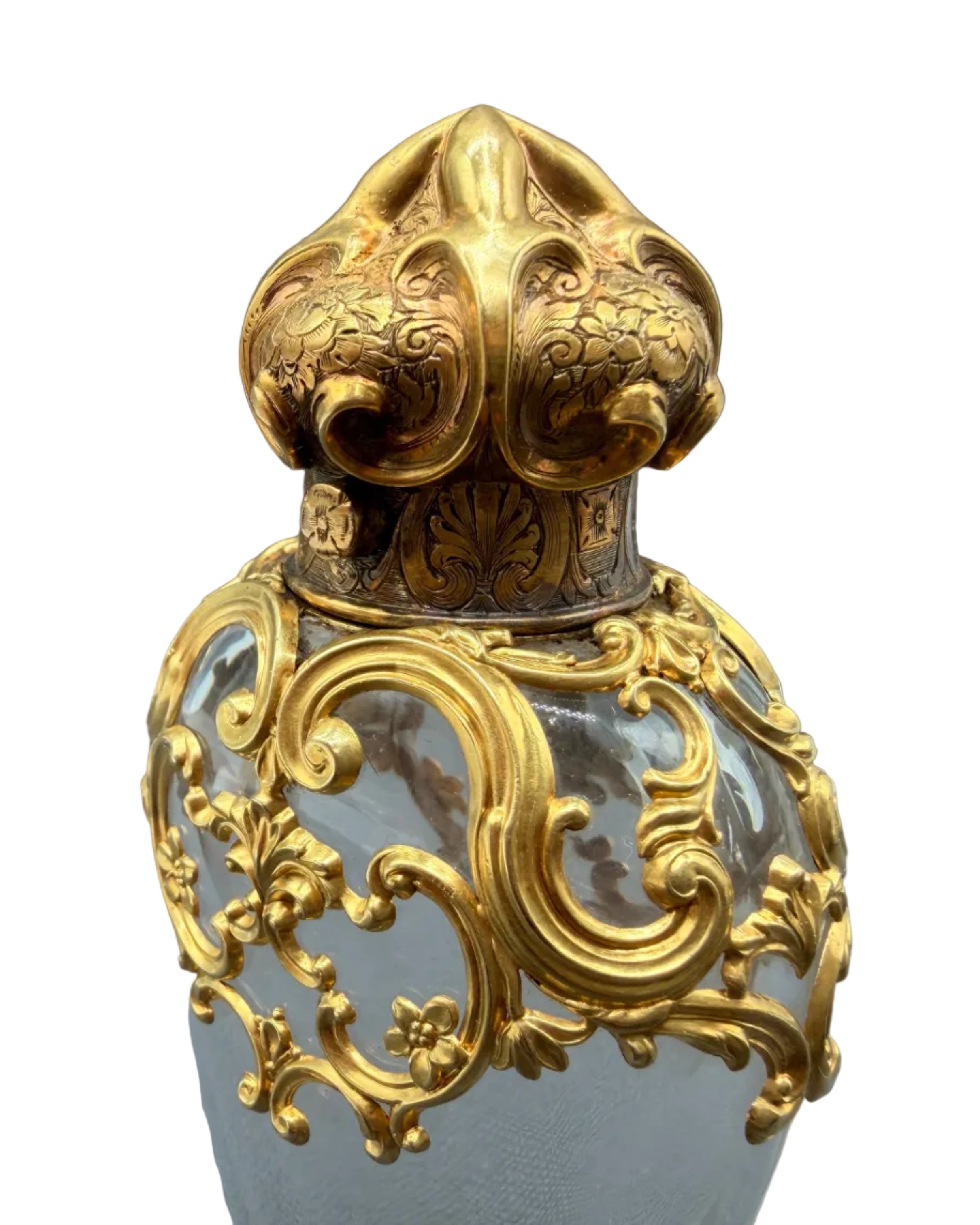 19th Century French Objet de Vertu Rococo Scent Bottle with 18K Gold Filigree Mount