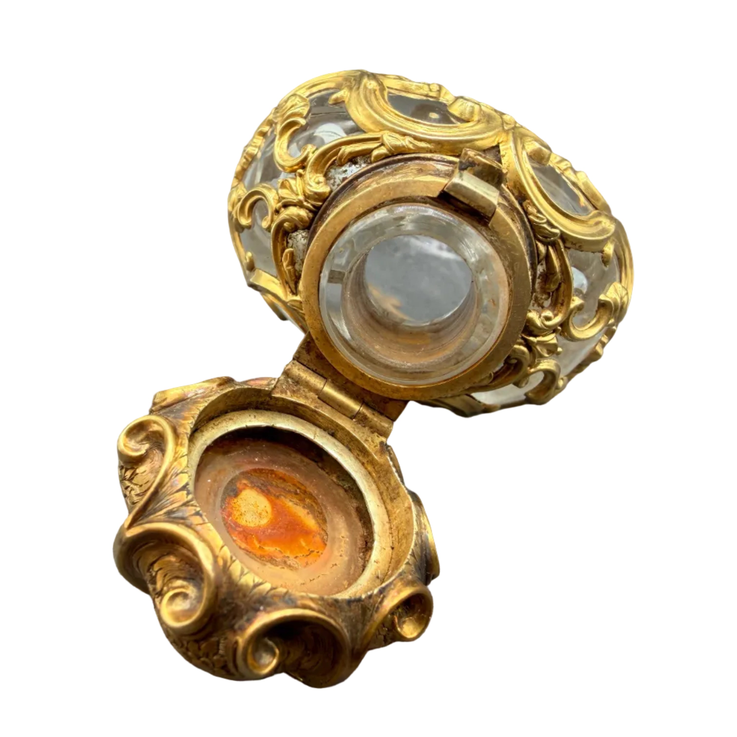 19th Century French Objet de Vertu Rococo Scent Bottle with 18K Gold Filigree Mount