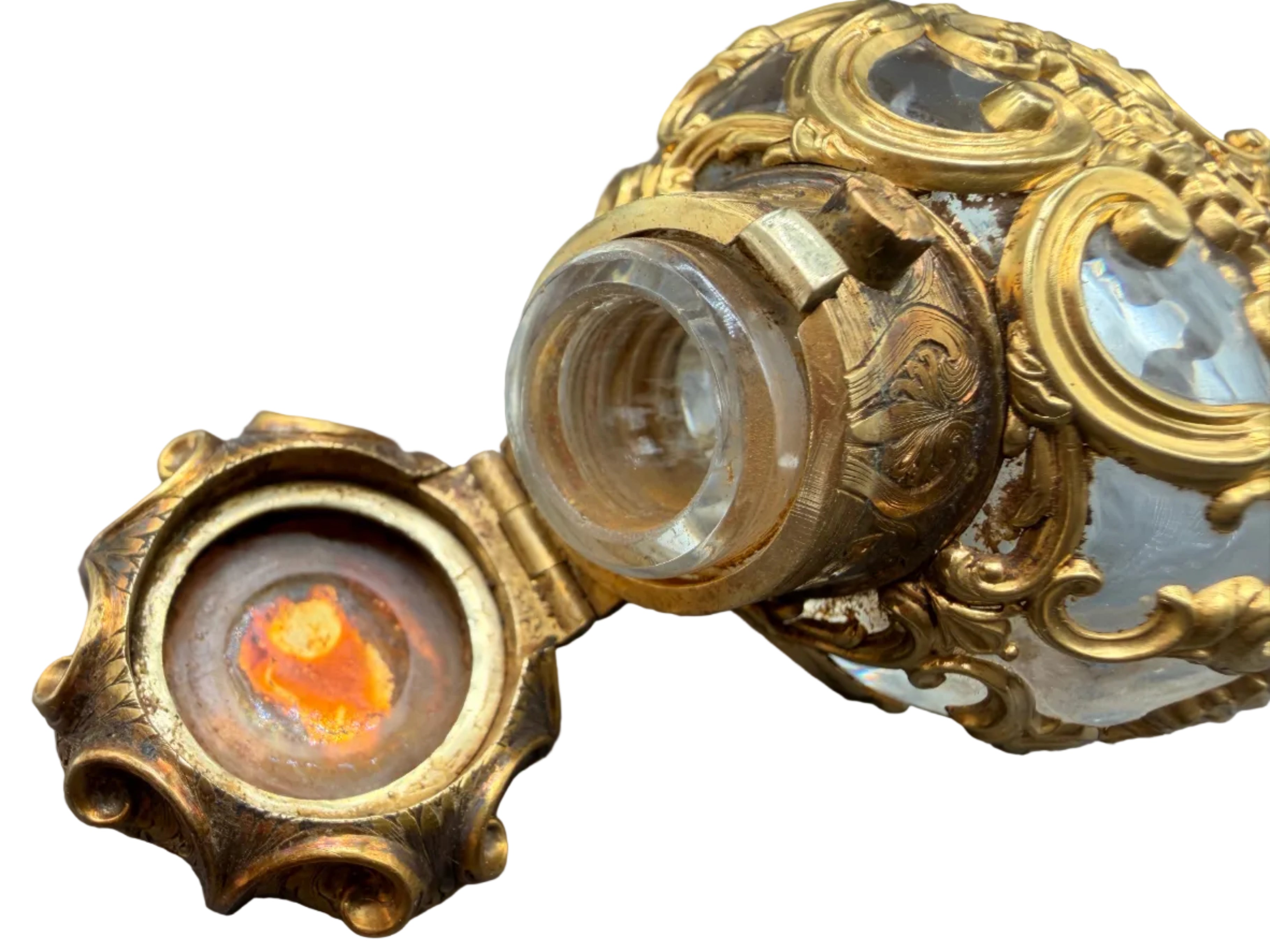 19th Century French Objet de Vertu Rococo Scent Bottle with 18K Gold Filigree Mount