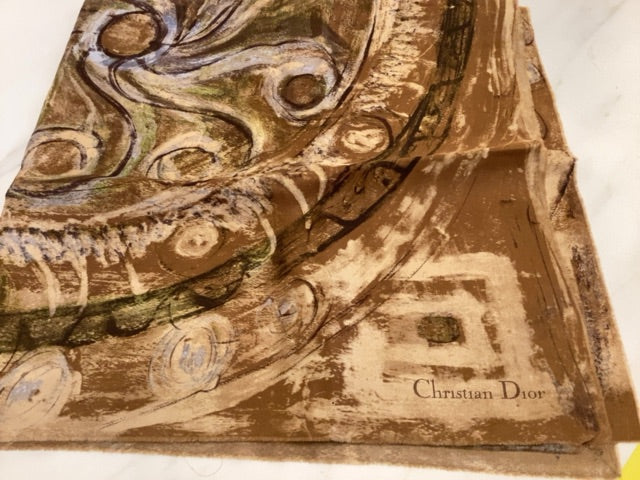 1970s Christian Dior Brown Raw Edge Silk Scarf with Brushstroke Print