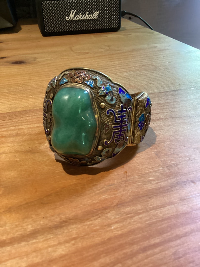BB11 1930s Sterling Vermeil stmt bangle with fine mesh accented with Enamel symbols