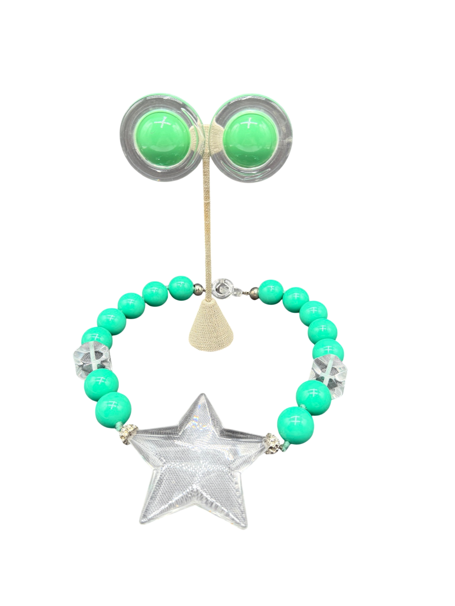 Rare 1980s Amen Wardy Teal & Clear Lucite Beaded Necklace and Earring Set with Star Detail