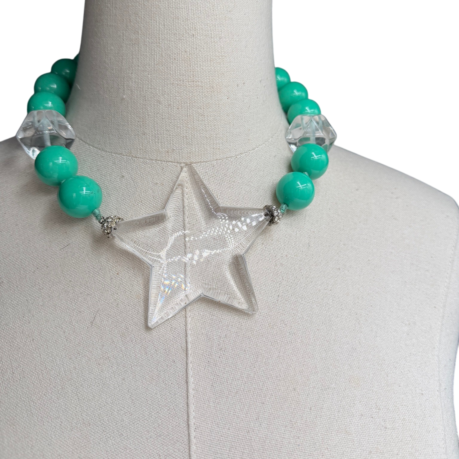 Rare 1980s Amen Wardy Teal & Clear Lucite Beaded Necklace and Earring Set with Star Detail