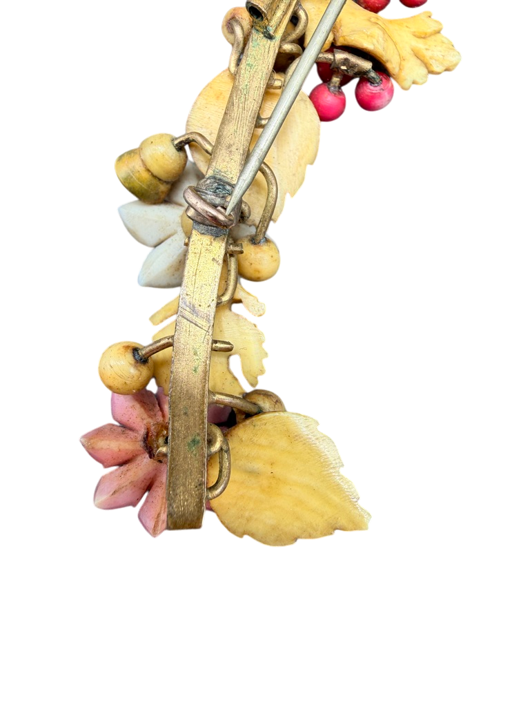 Antique 1900s Carved Bone Brooch with Henna-Dyed Floral Design