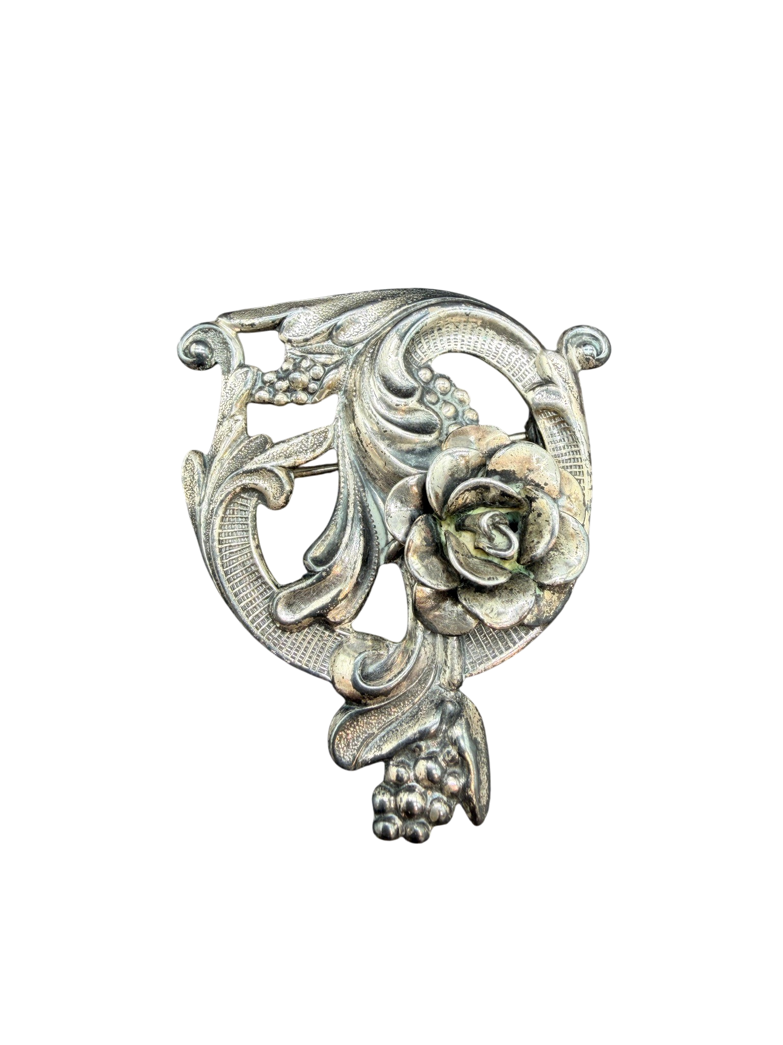 1970s Jewelart Silver-Tone Rose & Filigree Circle Brooch