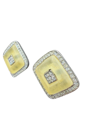 1980s Kenneth Jay Lane Silver-Tone Diamond Shape Clip Earrings with Yellow Lucite & Rhinestone Pavé