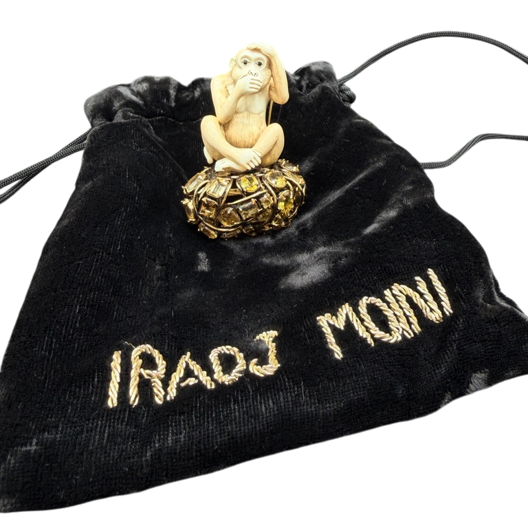 1990s Iradj Moini “Speak No Evil” Bone Monkey Brooch with Smoky Quartz