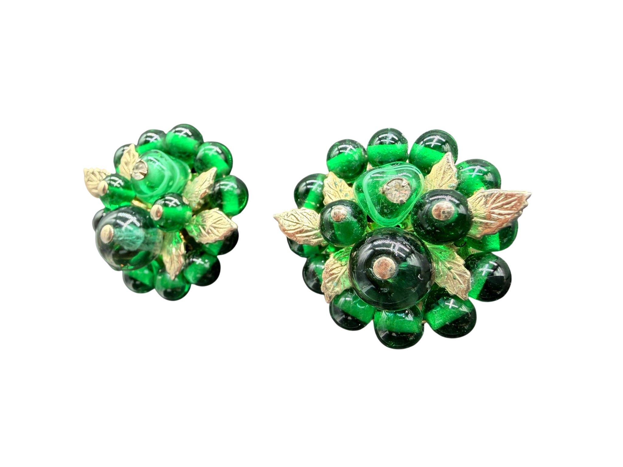 1950s Czech Glass Green Bead Cluster Clip Earrings with Silver Leaves