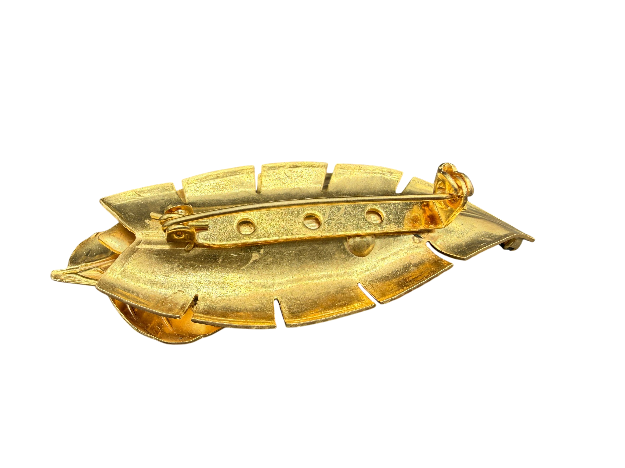 1960s Gold-Tone Double Leaf Brooch with Green Rhinestones and Enamel Detail
