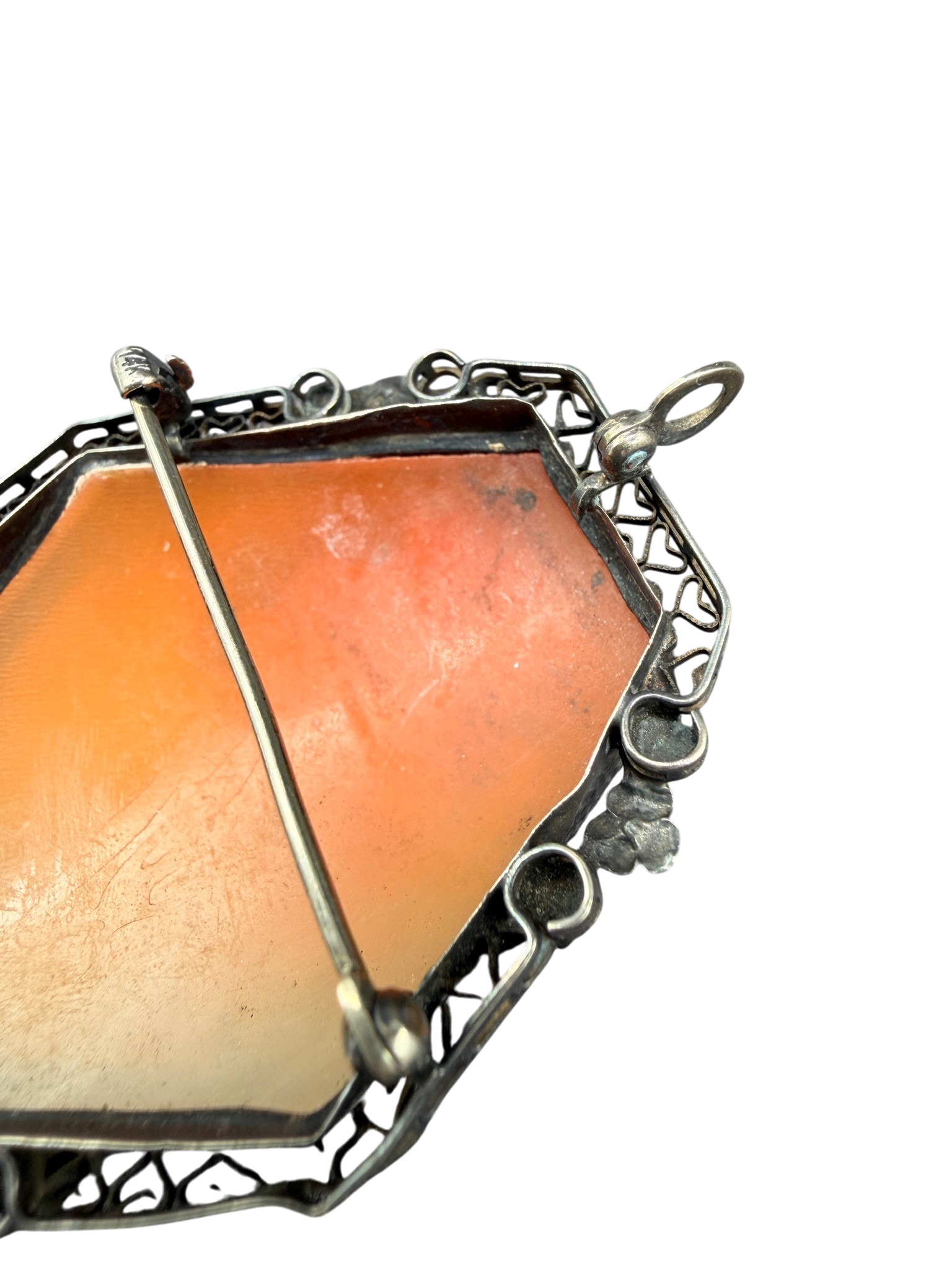 Antique 14K White Gold Filigree Pink Cameo Brooch/Pendant
