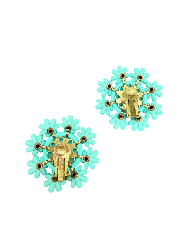1960s Turquoise Bubble Clip Earrings with Floral Surround