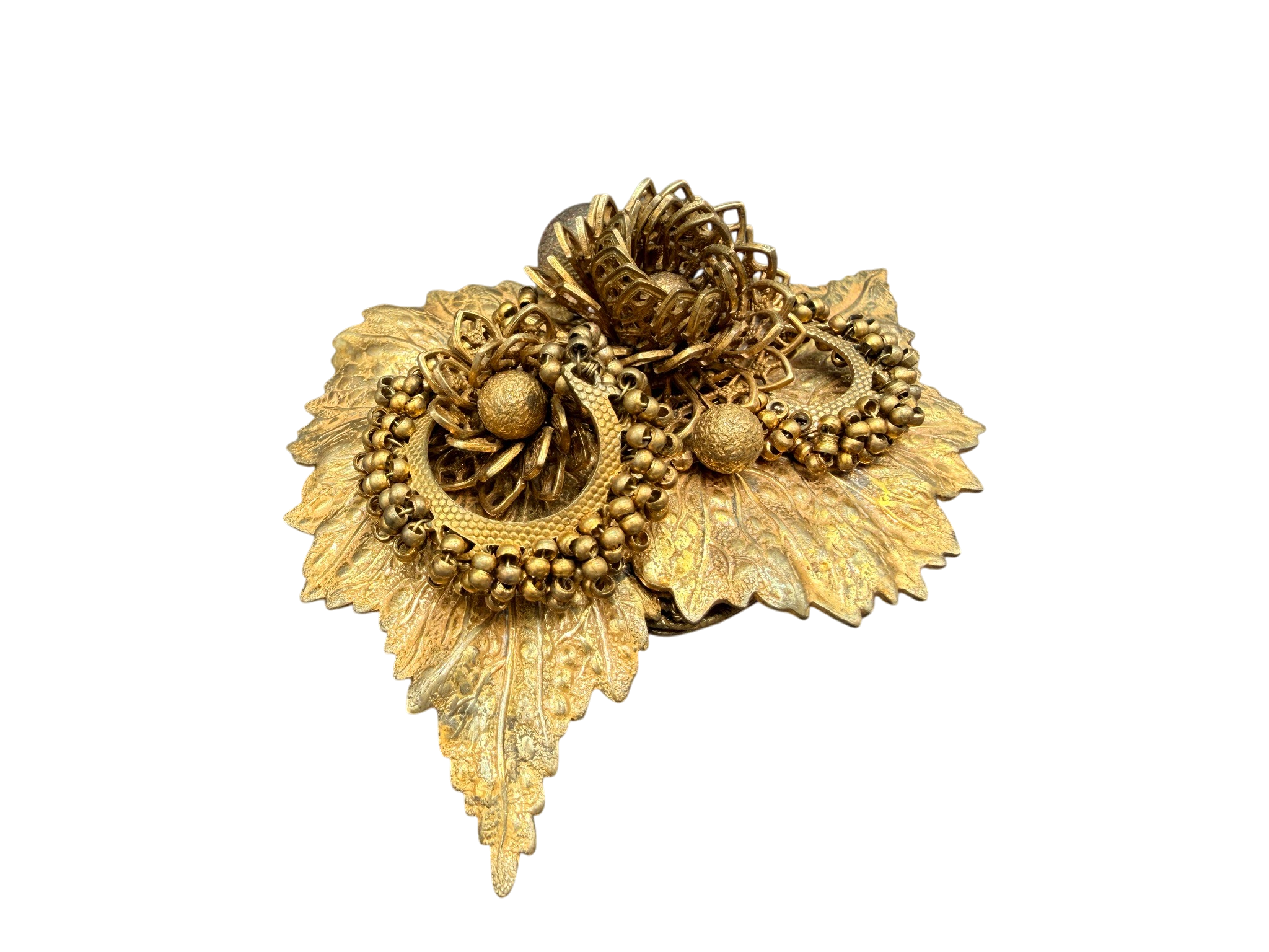 1950s Miriam Haskell Gold-Tone Double Leaf Brooch with Wire Flowers and Beads