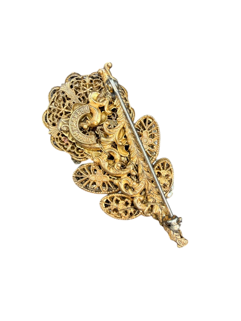 1960s Miriam Haskell Gold-Tone Floral Brooch with Rhinestones and Pearls