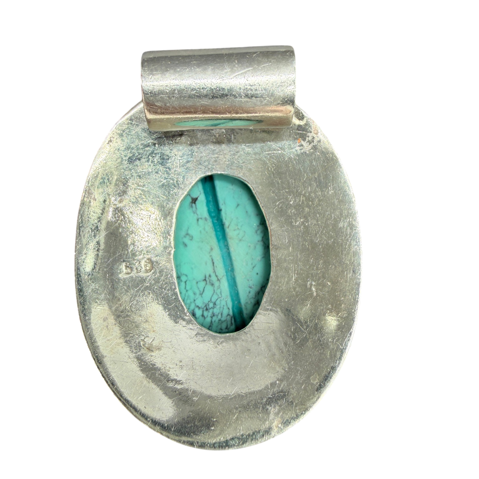 Sterling Silver Double-Band Oval Pendant with Natural Turquoise Center