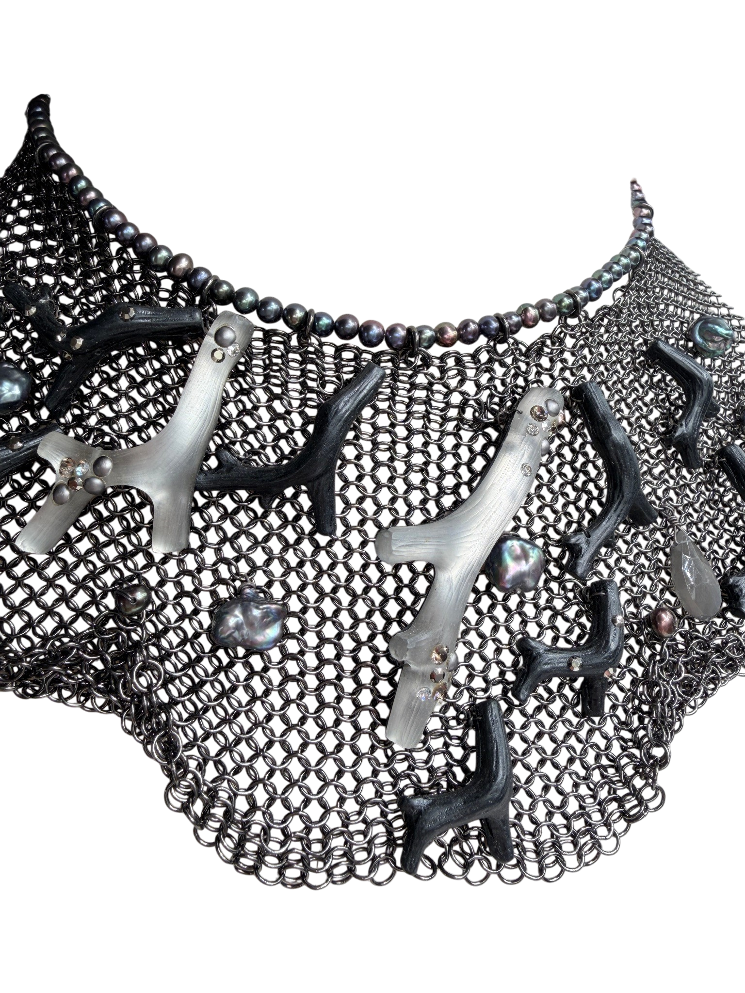 Rare 1980s Alexis Bittar Gunmetal Chain Mail Bib Necklace with Coral & Resin Peacock Accents