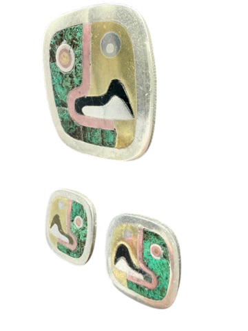 MCM Metales Los Castillo Mexican Mixed Metal Inlay Brooch/Pendant and Earring Set