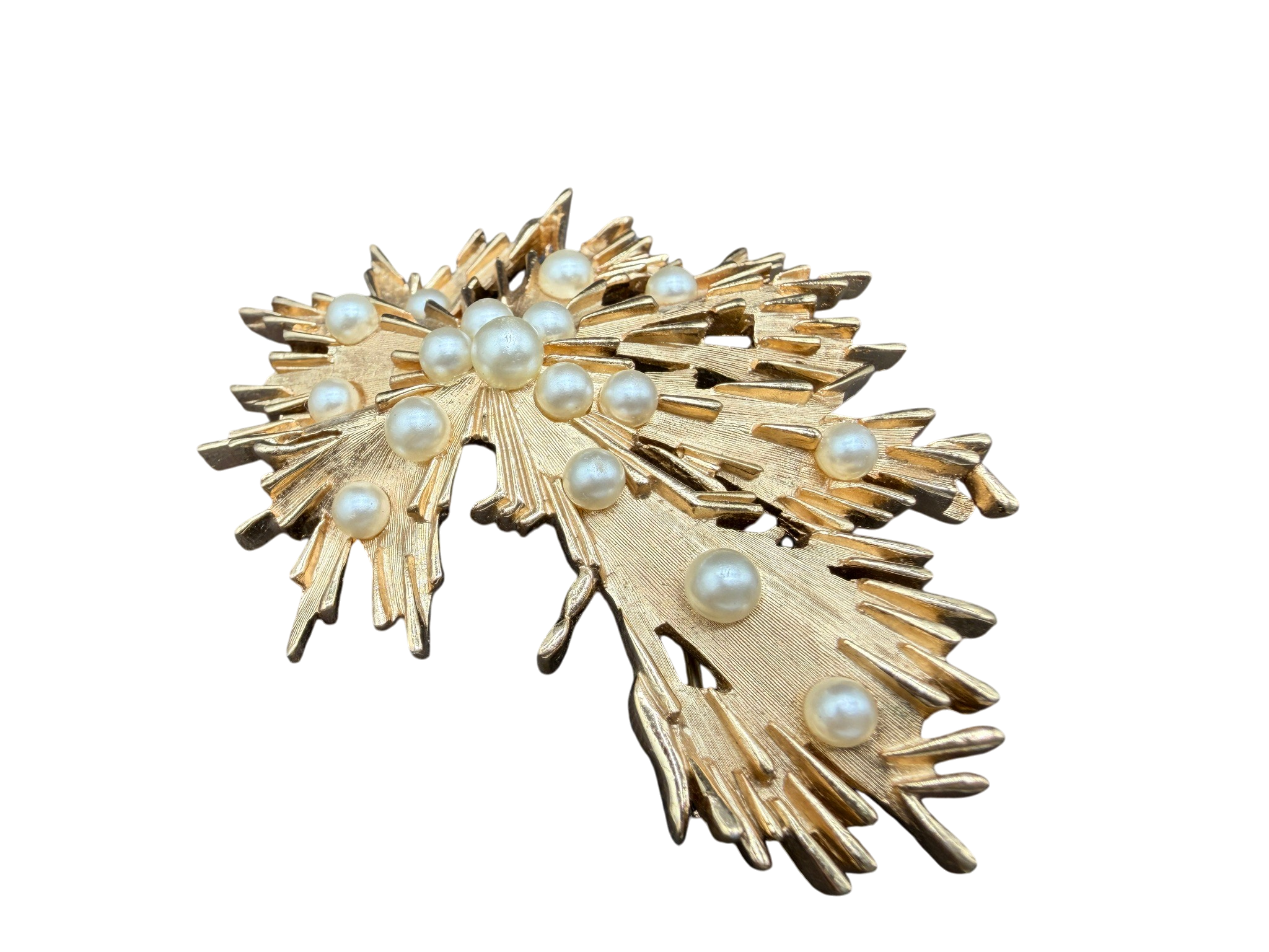1960s Trifari Gold-Tone Brutalist Spiked Brooch with Faux Pearls
