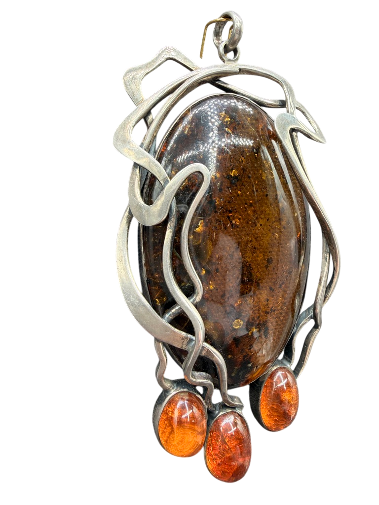 1960s Sterling Silver Artisan Scroll Pendant with Amber Drops