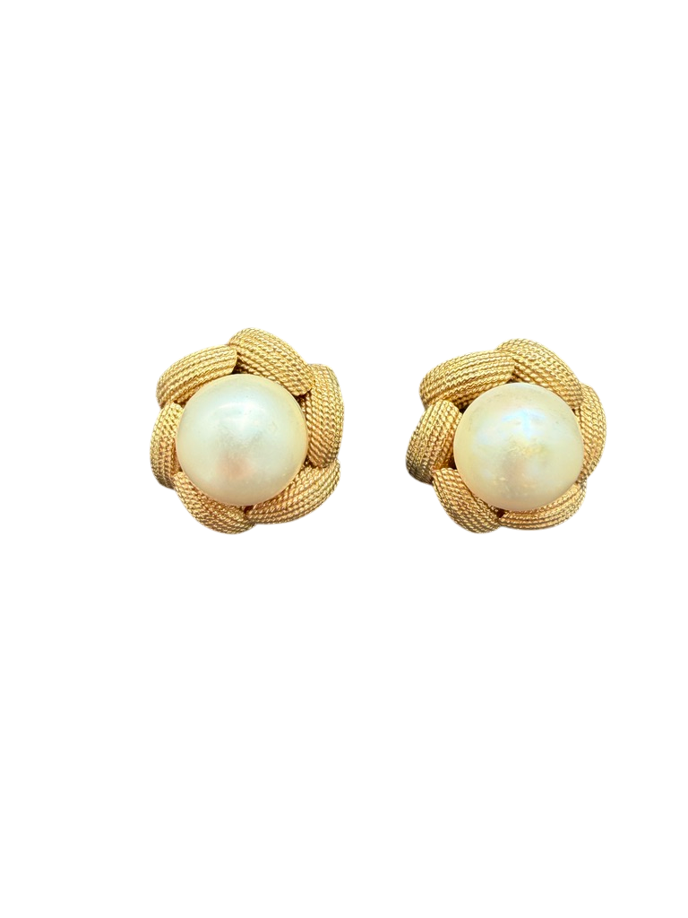 1980s 14K Gold Rope Knot Clip Earrings with Akoya Pearl Centers