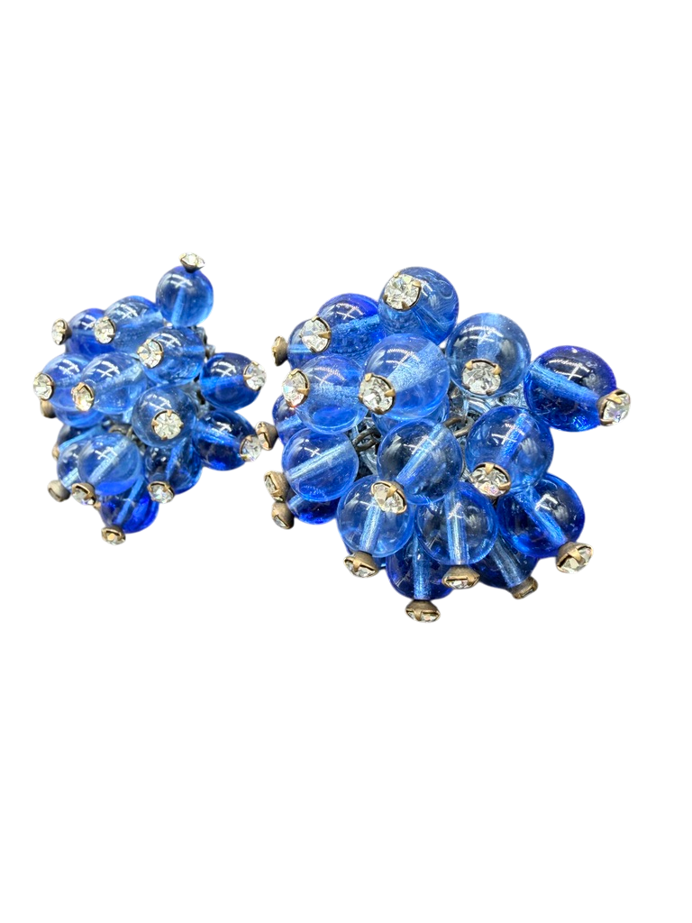 1950s Miriam Haskell Cobalt Glass Beaded Wire Clamper Bracelet with Dangle Ends and Matching Earrings